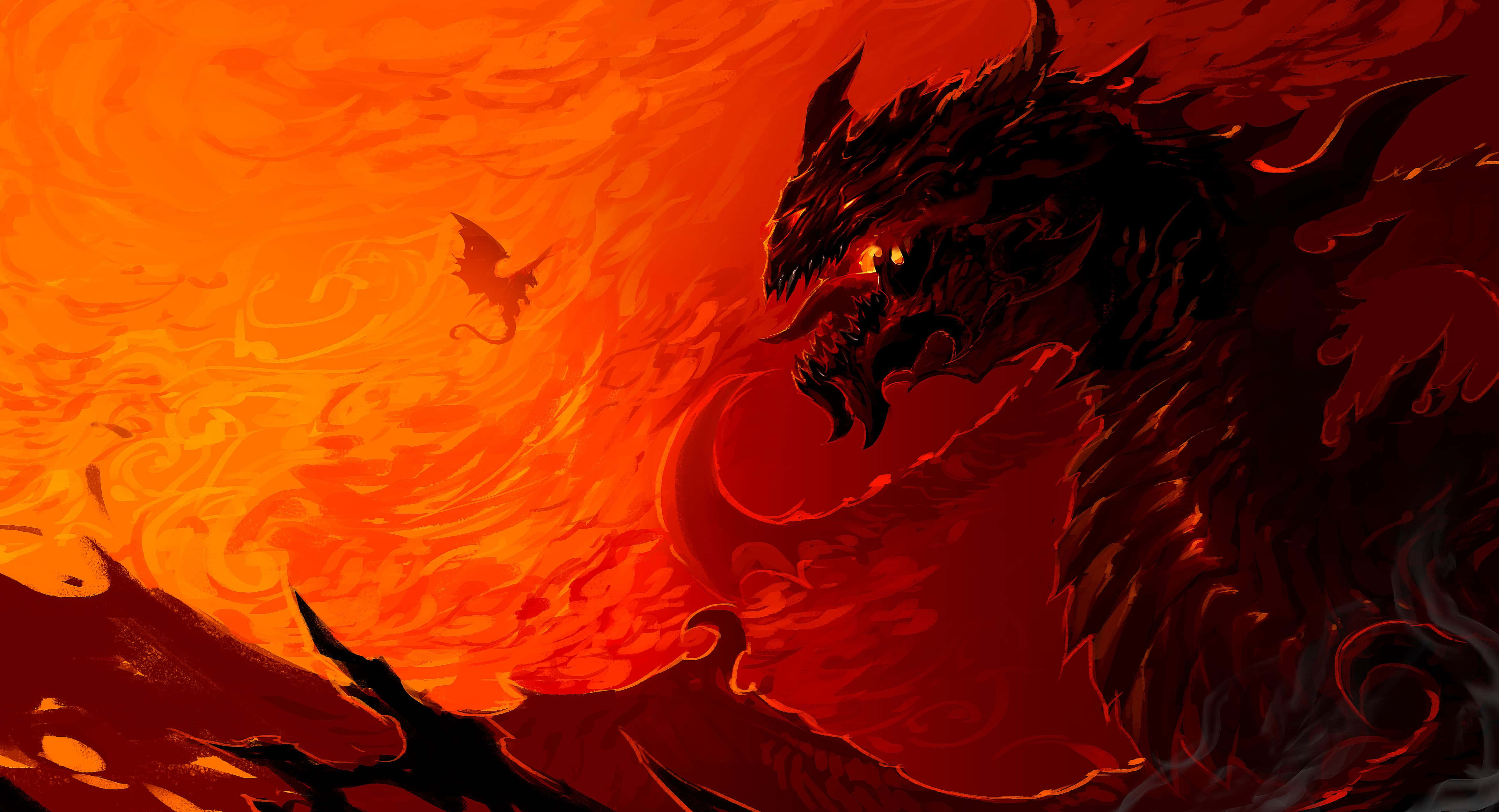Mythical Dragon 桌布 壁紙 — 一隻帶有發光眼睛的威嚇性黑龍從地獄般的天空中旋轉的火焰紅橙色雲層中出現。
