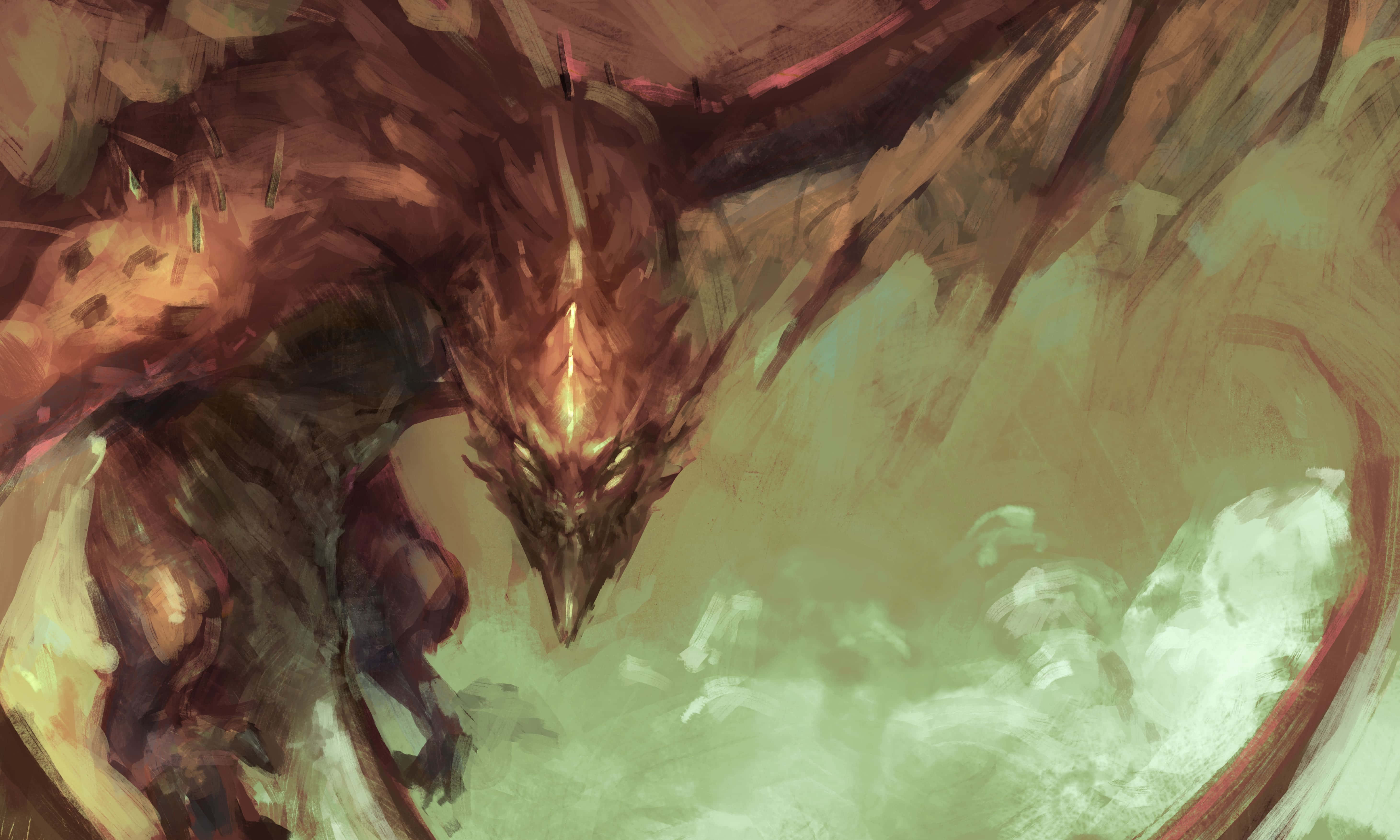 Mythical Dragon 桌布 壁紙 — 一隻帶有發光眼睛的威嚇紅龍，以繪畫般的奇幻風格籠罩在霧氣瀰漫的綠色景觀之上。