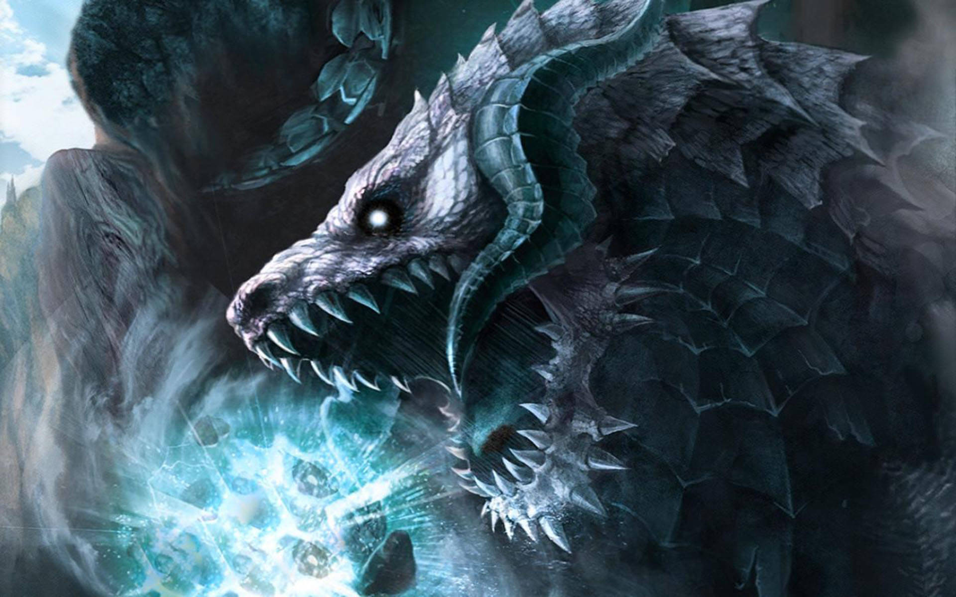 Ice Dragon 桌布 壁紙 — 一隻帶有發光眼睛的威嚇黑色巨龍，在迷霧廢墟中噴吐冰藍能量。