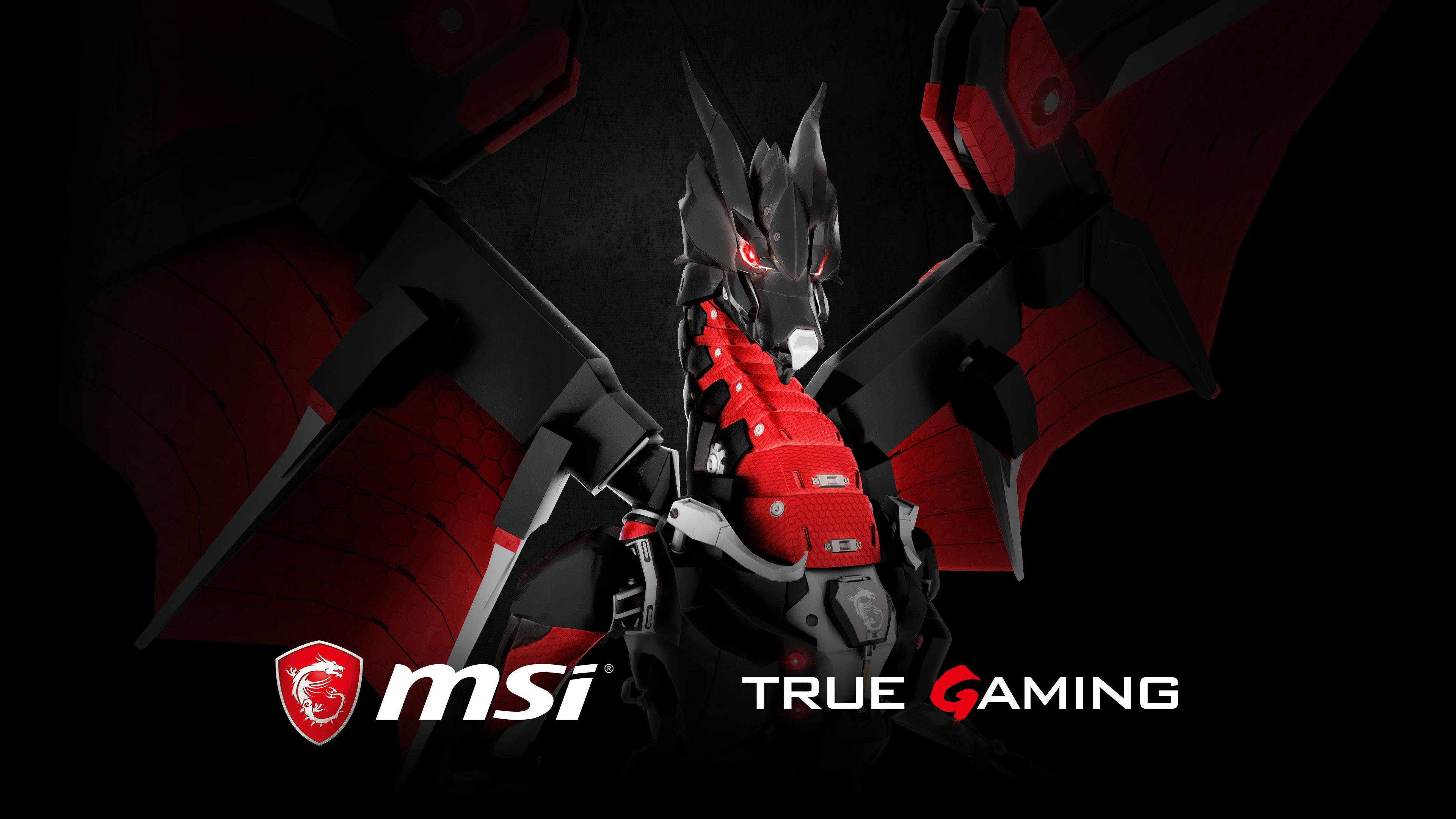 MSI 4K 桌布 壁紙 — 一隻帶有發光眼睛的威脅性紅黑龍機甲，站在黑暗背景前，帶有MSI True Gaming品牌標誌。
