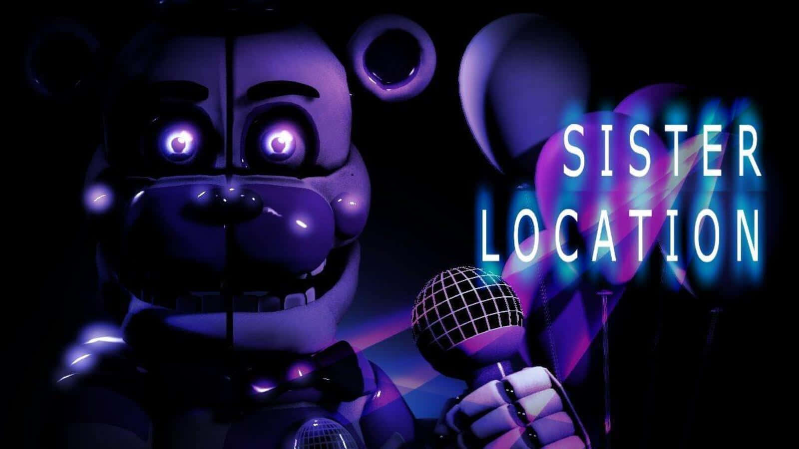 Funtime Freddy 桌布 壁紙 — 一隻帶有發光眼睛的威脅性紫色機械熊，在黑暗背景中手持麥克風，背景有霓虹燈 'SISTER LOCATION' 文字。