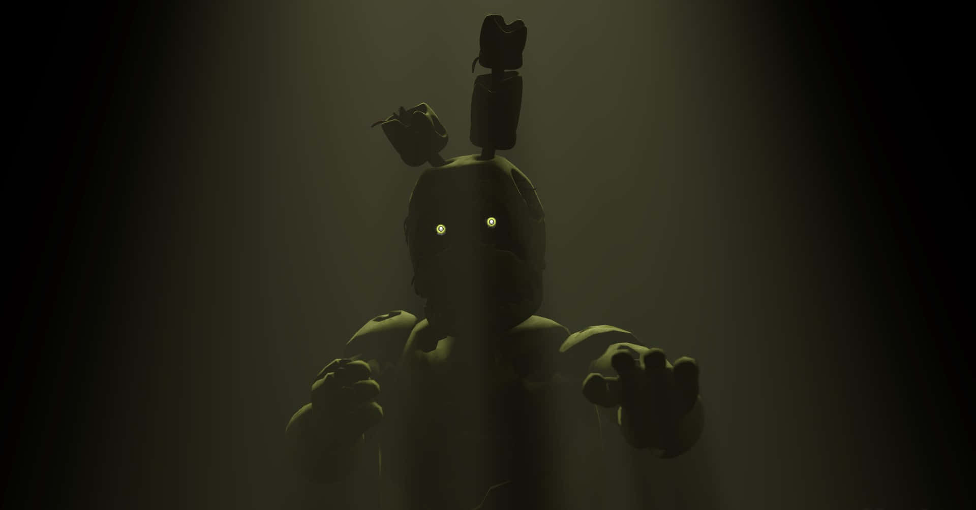 Springtrap 桌布 壁紙 — 一隻帶有發光眼睛的威脅性電子機械兔在單一聚光燈下從黑暗迷霧中出現。