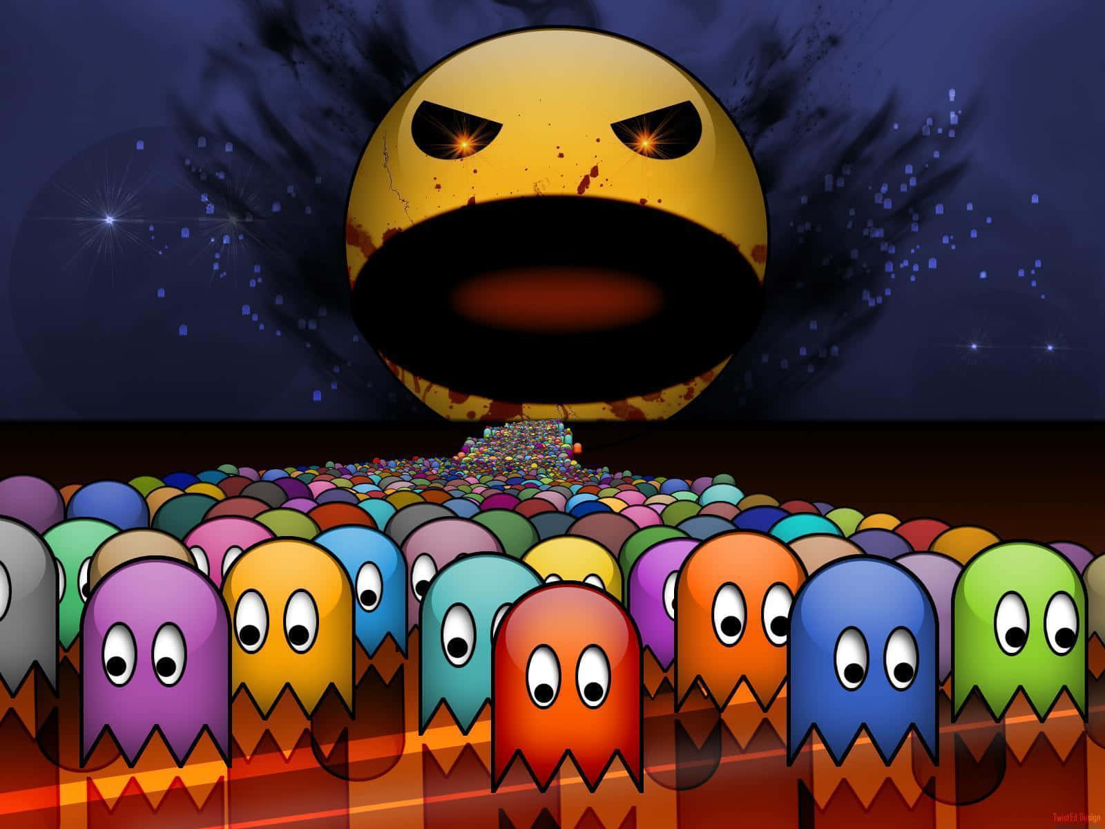 Pacman 桌布 壁紙 — 一隻帶有發光眼睛的威脅性黃色Pacman，在繁星點點的夜空下，籠罩著一片色彩繽紛的Pacman鬼魂海洋。