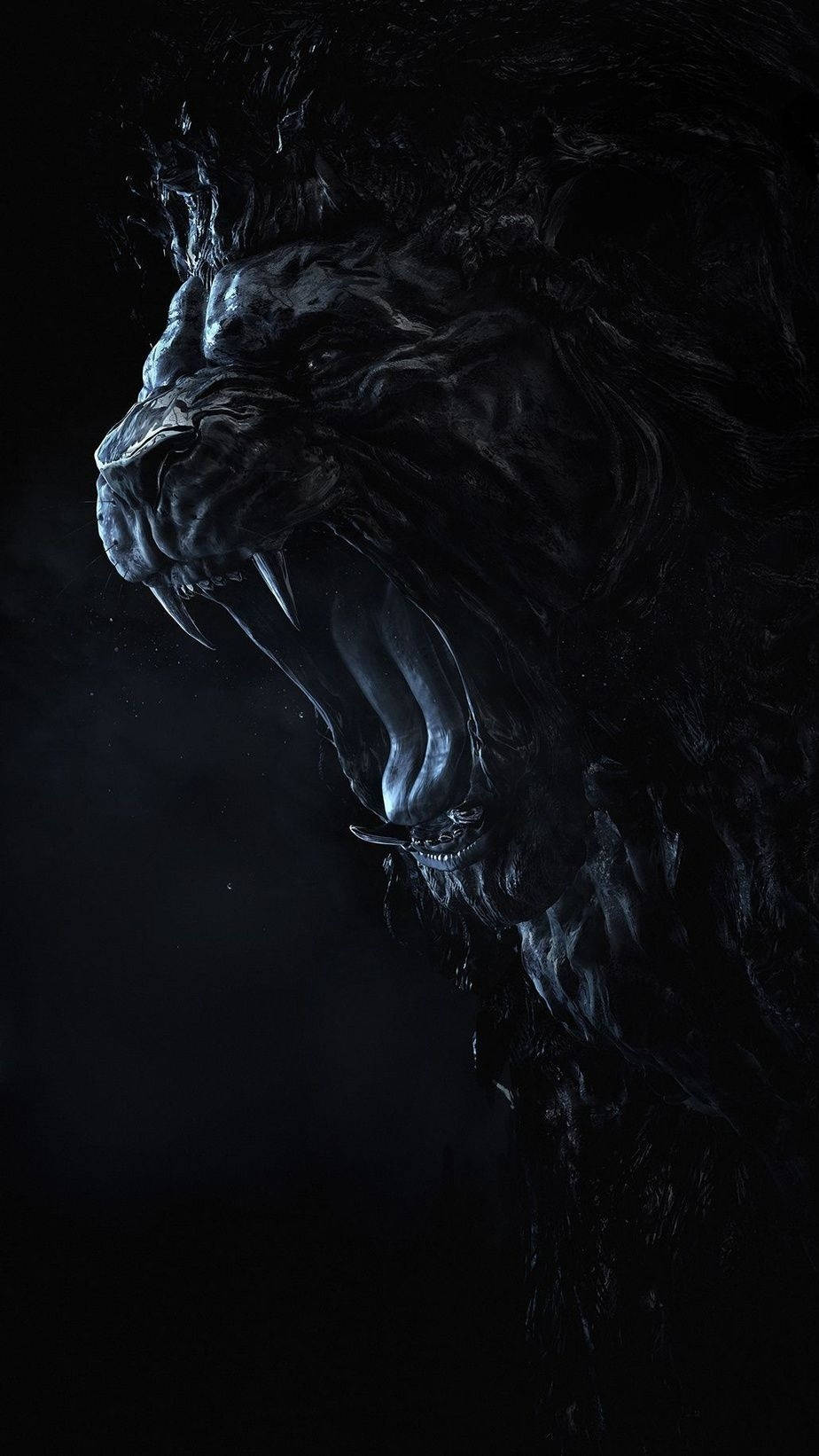 Black King 桌布 壁紙 — 一隻帶有發光眼睛的威脅性黑獅在黑暗虛空中咆哮，其皮毛有紋理並滴落著陰影。