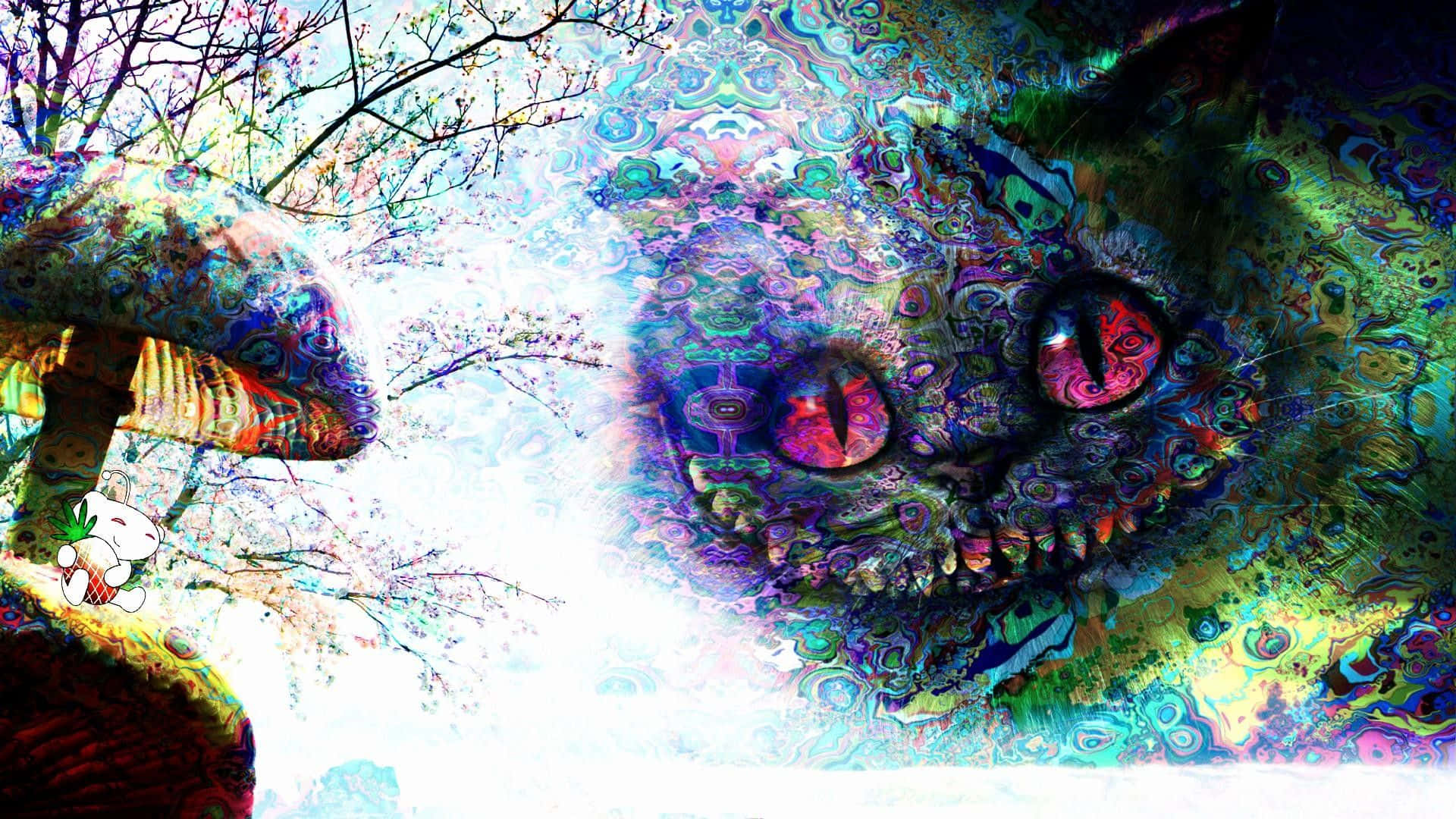 Trippy Animals 桌布 壁紙 — 一隻帶有發光眼睛的迷幻貓臉從一個有彩色蘑菇的超現實森林場景中浮現。