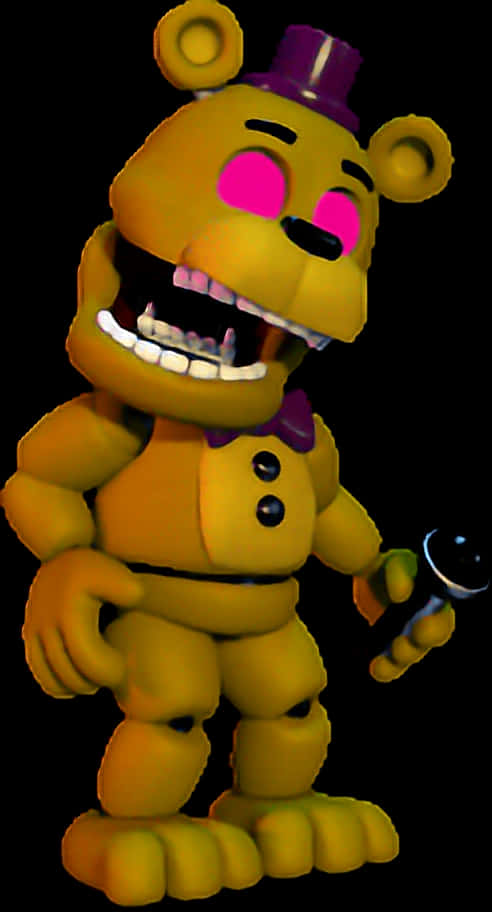 Fredbear 桌布 壁紙 — 一隻帶有發光粉紅色眼睛和高頂帽的威脅性黃色電子熊站在黑色背景前。