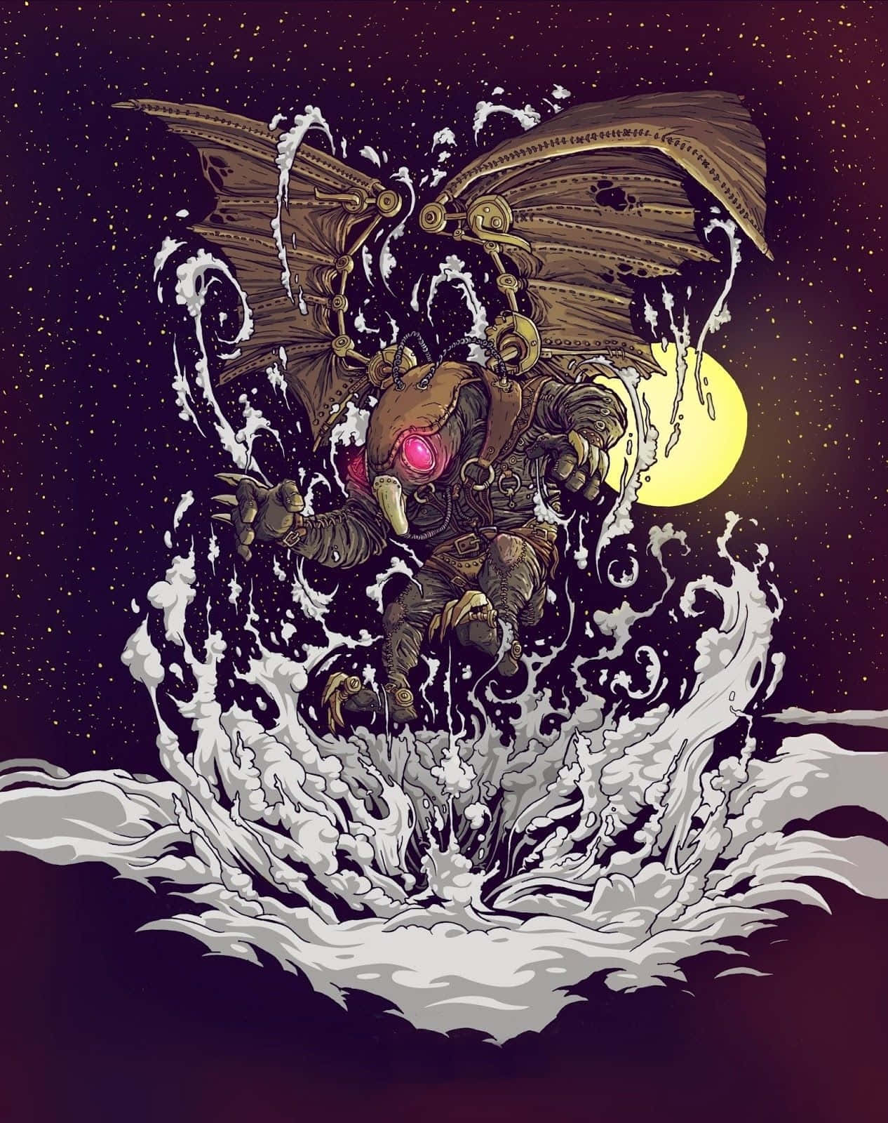 電玩遊戲 桌布 壁紙 — 一隻帶有發光粉紅色眼睛的蒸氣龐克蝙蝠生物，在黃色月亮下從洶湧的海浪中出現，背景是繁星點點的夜空。