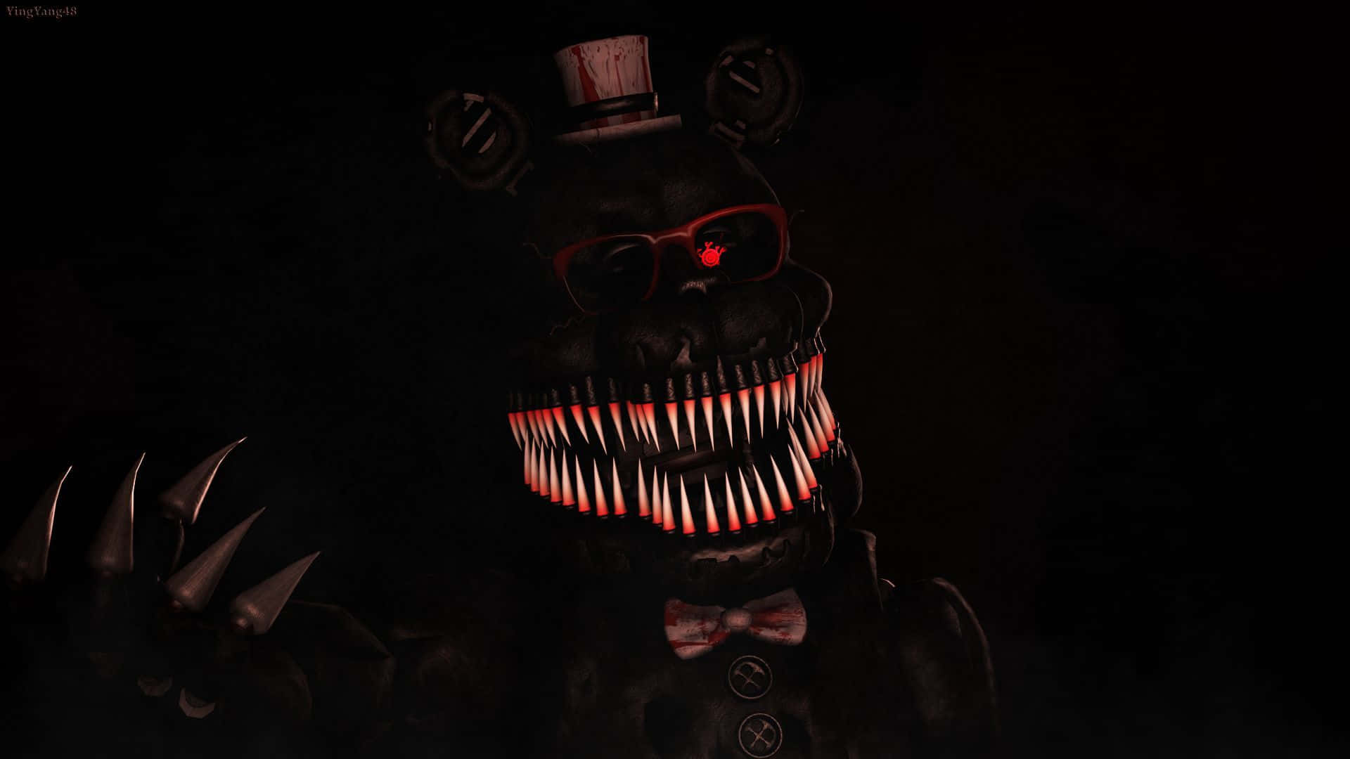 Scary Fnaf 桌布 壁紙 — 一隻帶有發光紅眼、尖牙和利爪的威脅性電子熊，戴著高帽、領結和眼鏡，從黑暗中出現。