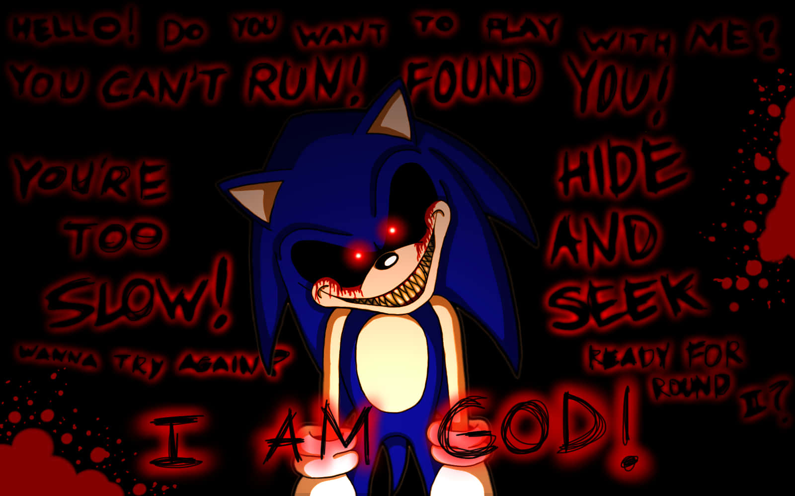 Sonic The Hedgehog 桌布 壁紙 — 一隻帶有發光紅眼和咧嘴笑的威脅性藍色刺蝟，被混亂的紅色文字包圍在黑色背景上。