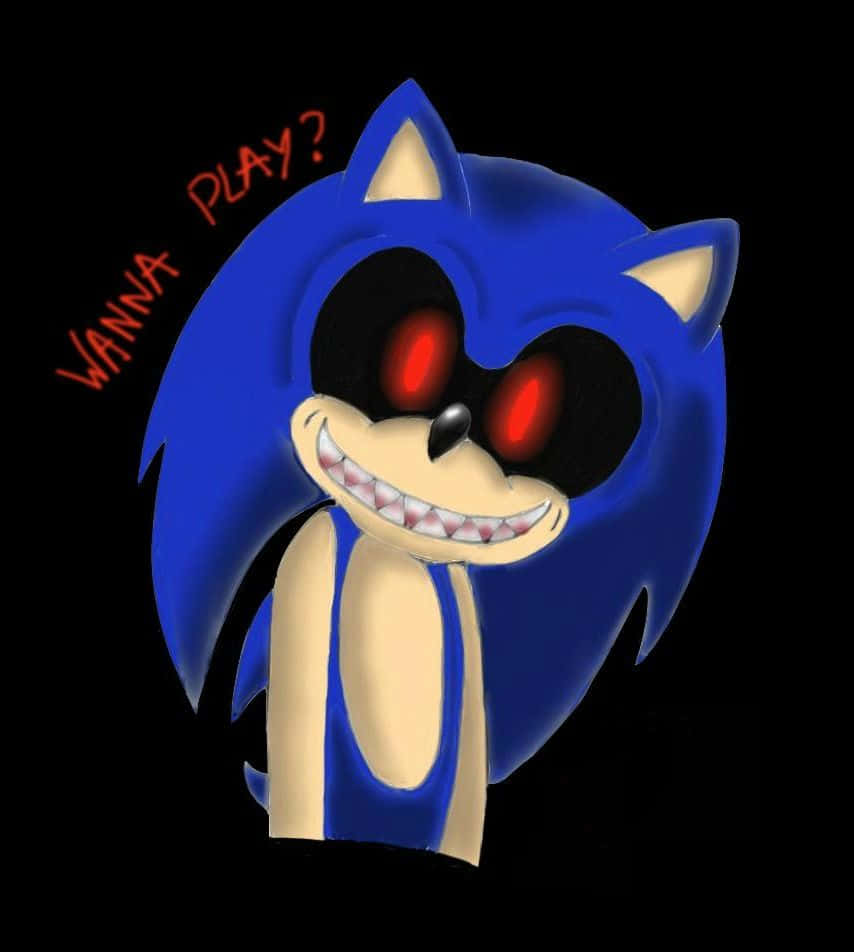 Sonic The Hedgehog 桌布 壁紙 — 一隻帶有發光紅眼和寬闊露齒笑容的威脅性藍色刺蝟，背景為黑色，紅色文字寫著「WANNA PLAY？」