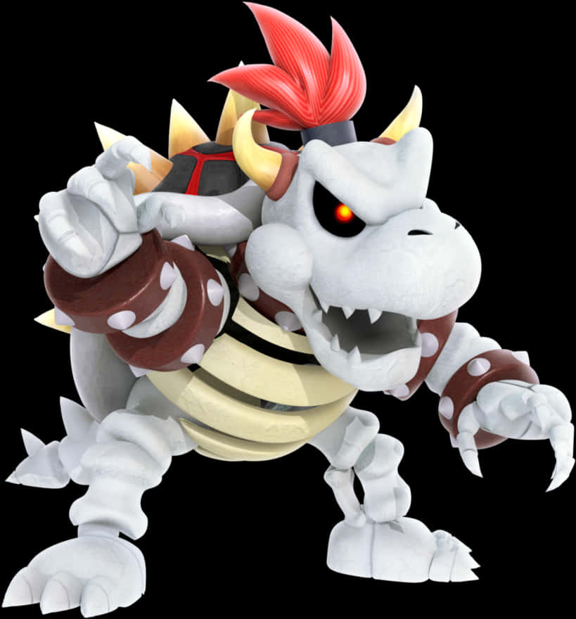 bowser 桌布 壁紙 — 一隻帶有發光紅眼和尖刺盔甲的威脅性白色骷髏龍在黑色背景上咆哮。