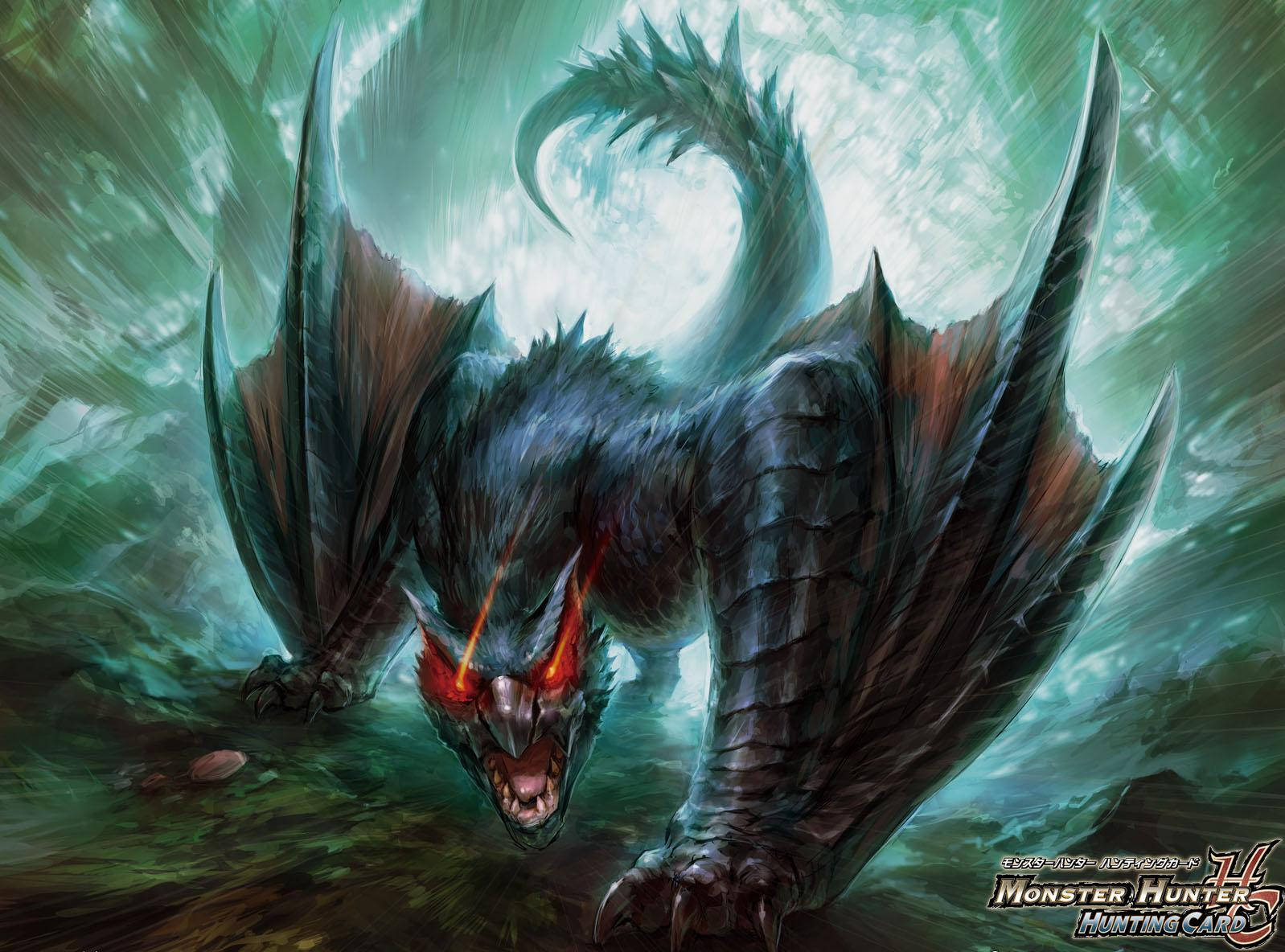 Monster Hunter 桌布 壁紙 — 一隻帶有發光紅眼和尖刺翅膀的兇猛黑暗巨龍，在旋轉的綠色迷霧中咆哮。