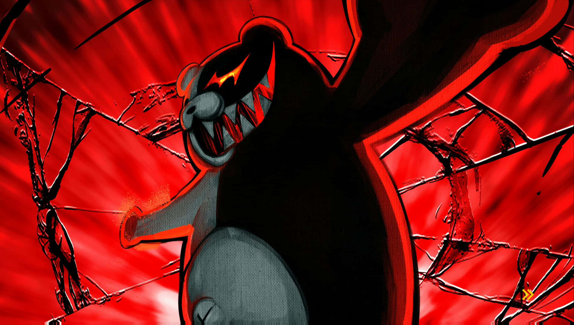 Danganronpa 桌布 壁紙 — 一隻帶有發光紅眼和尖牙的兇猛黑熊，穿過破碎的紅色玻璃窗。