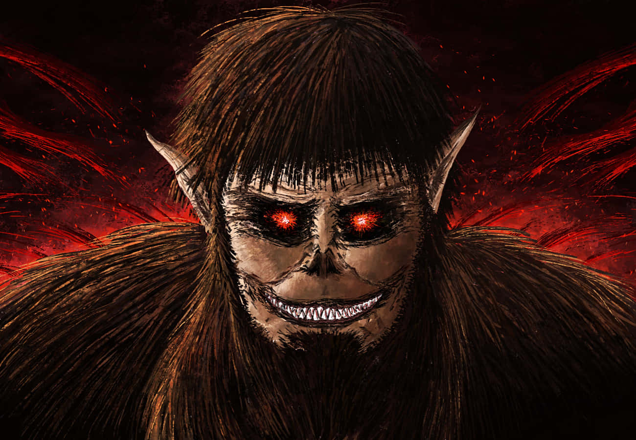 Beast Titan 桌布 壁紙 — 一隻帶有發光紅眼和尖牙的威脅性有角野獸，在火紅背景上強烈凝視。