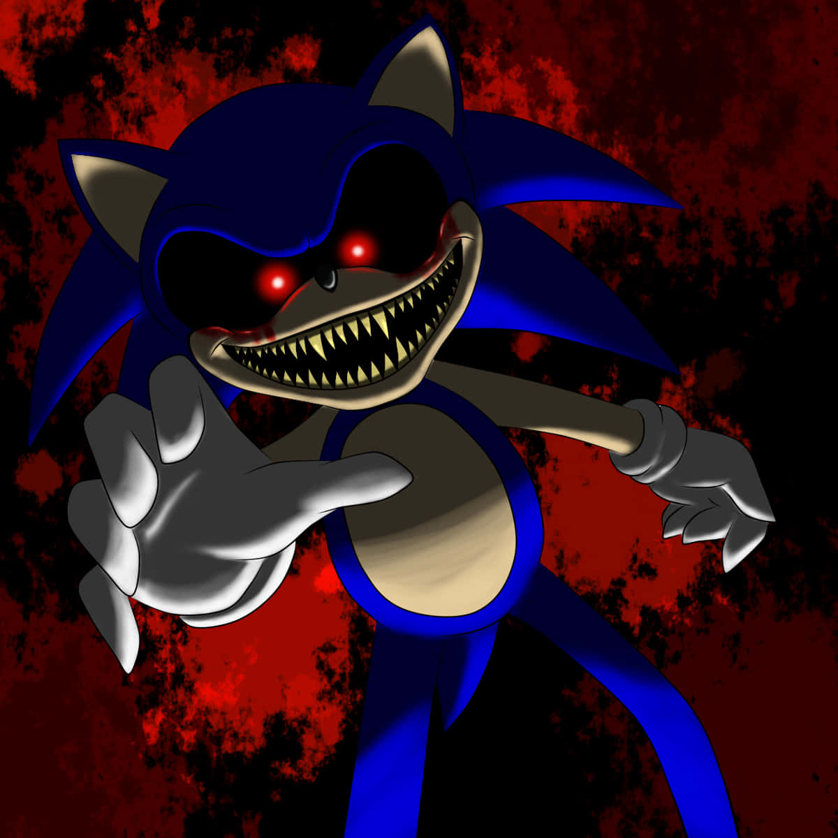 Sonic Exe 桌布 壁紙 — 一隻帶有發光紅眼和尖牙的威脅性藍色刺蝟，在血紅色背景下向前猛撲。