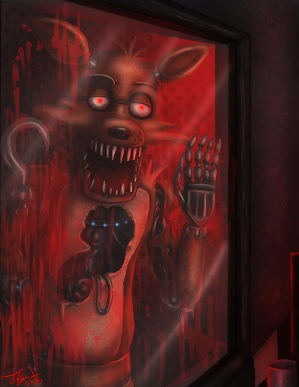 Foxy 桌布 壁紙 — 一隻帶有發光紅眼和尖牙的威脅性電子狐狸，在深紅色背景的裱框肖像中滴著血。