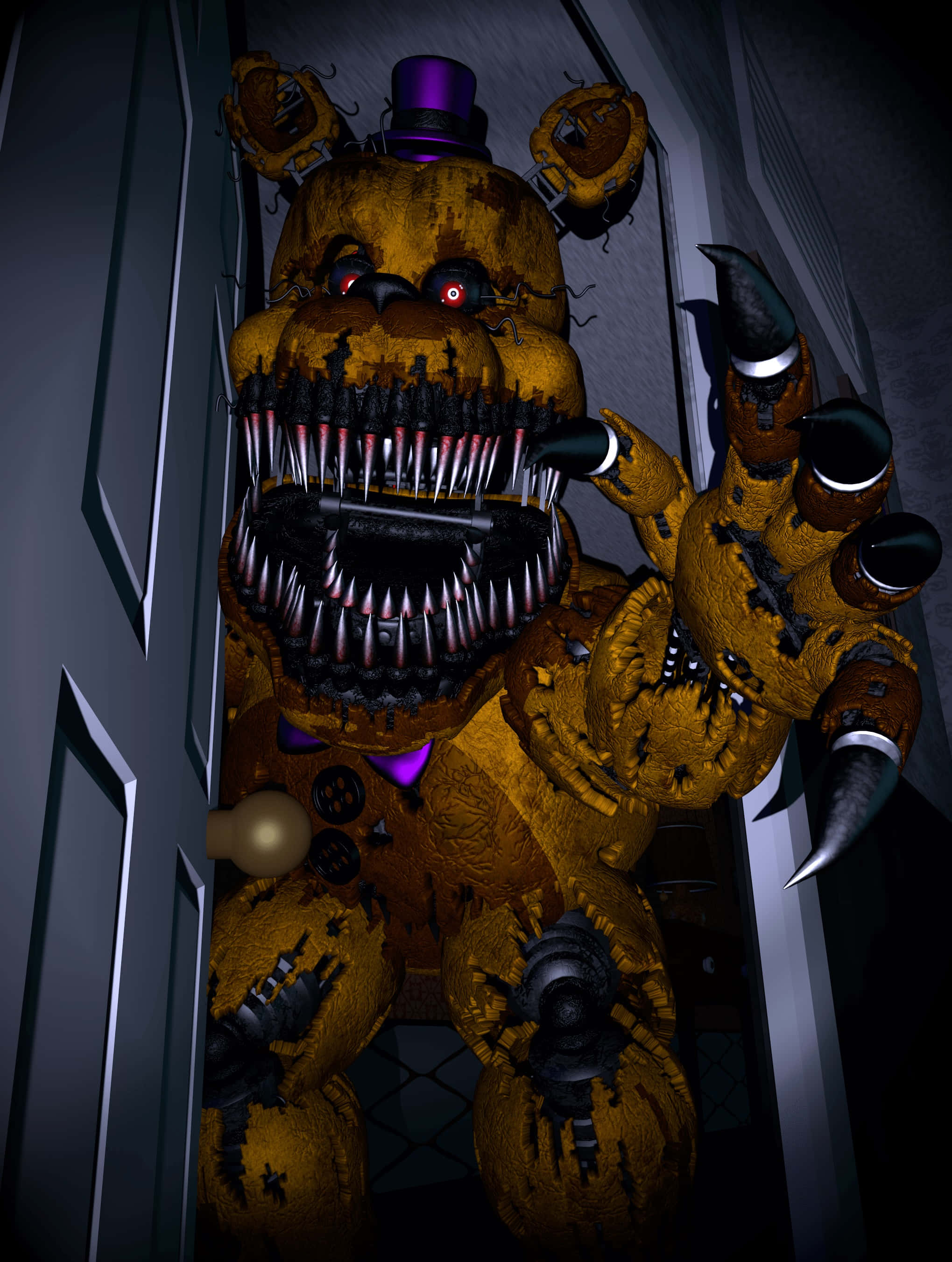Scary Fnaf 桌布 壁紙 — 一隻帶有發光紅眼和尖牙的威脅性黃色機械熊在黑暗走廊中破門而出。