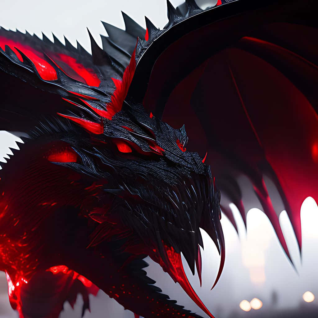 Urban Fantasy 桌布 壁紙 — 一隻帶有發光紅眼和尖銳棘刺的威脅性黑色巨龍，在薄霧背景中伴隨著柔和燈光隱現。