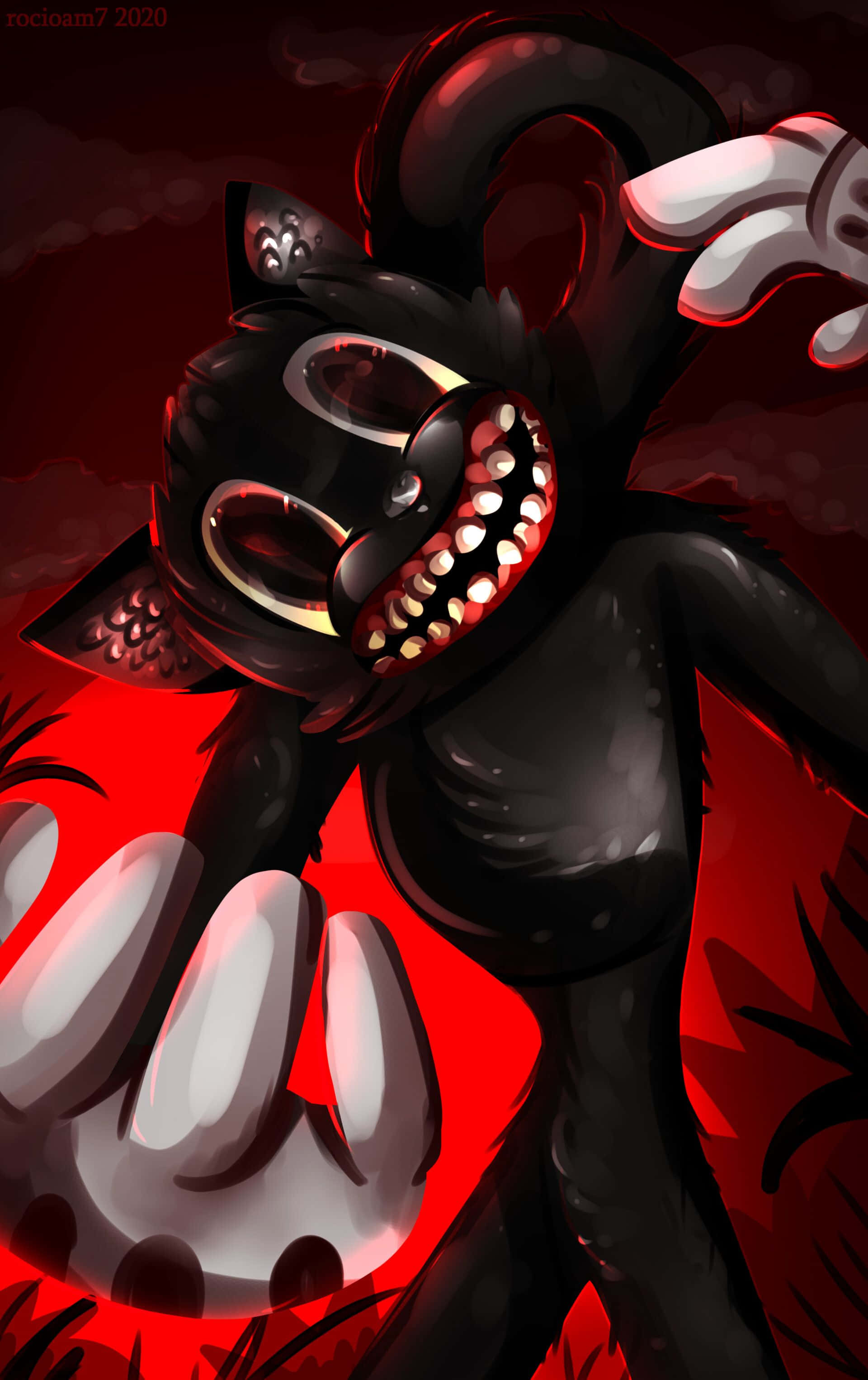 Cartoon Cat Scary 桌布 壁紙 — 一隻帶有發光紅眼和尖銳牙齒的威脅性黑色卡通貓，在血紅色背景前猛撲向前。