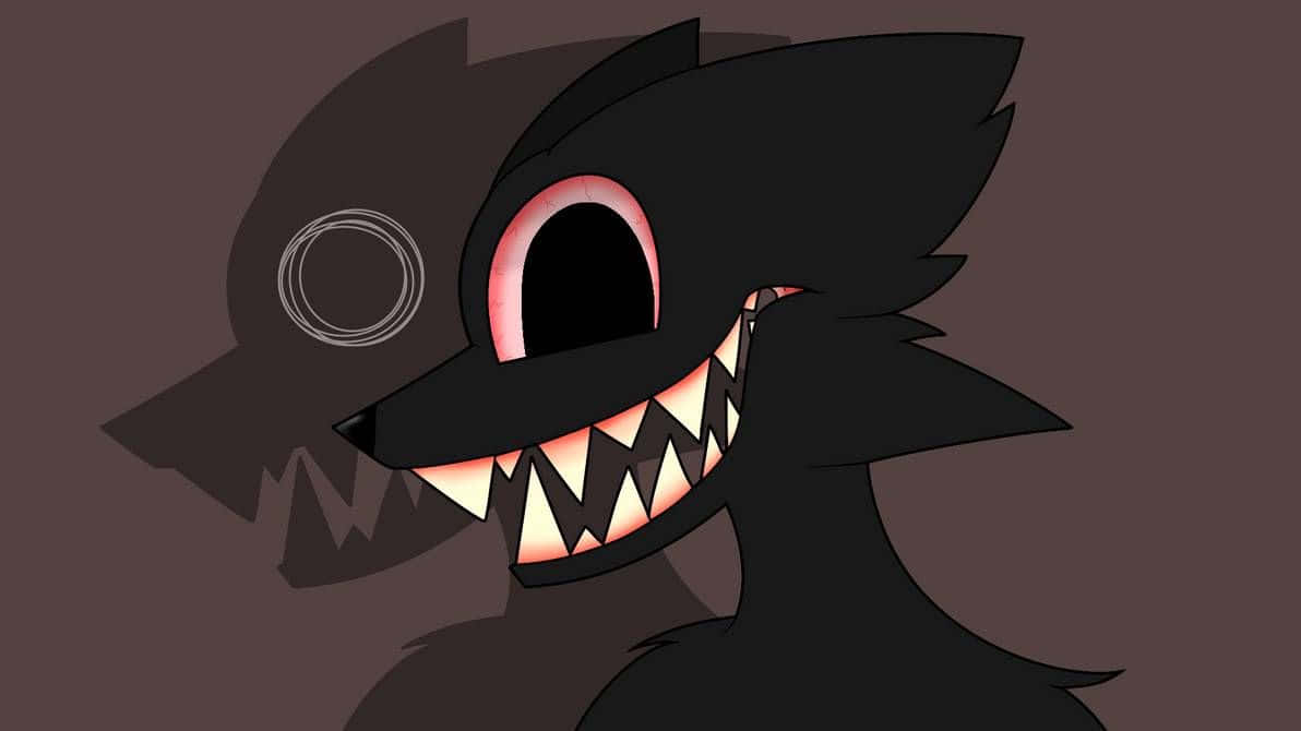 Cartoon Cat Scary 桌布 壁紙 — 一隻帶有發光紅眼和尖銳牙齒的威脅性黑色卡通狼，在深棕色背景上強烈凝視。