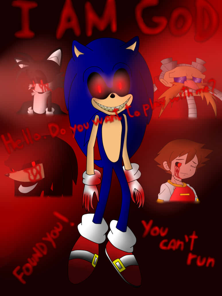 Sonic Exe 桌布 壁紙 — 一隻帶有發光紅眼和尖銳牙齒的威脅性藍色刺蝟，站在一個深紅色的場景中，周圍是受驚的角色和不祥的文字。