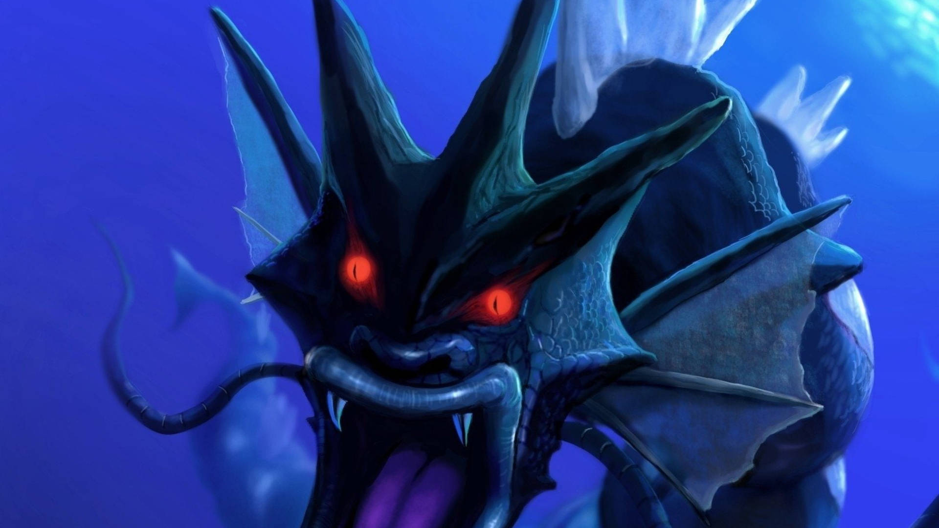 Gyarados 桌布 壁紙 — 一隻帶有發光紅眼和尖銳角的威脅性深藍色龍在深藍色海洋中咆哮。