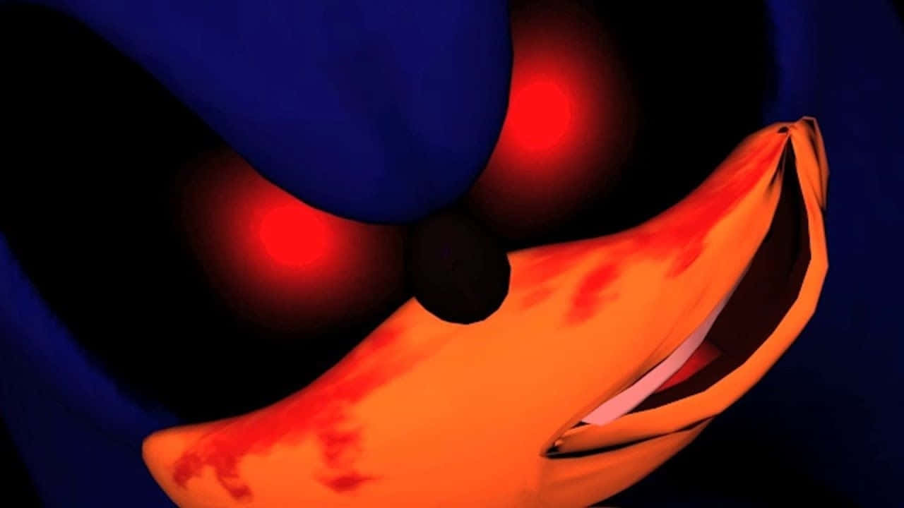 Sonic Exe 桌布 壁紙 — 一隻帶有發光紅眼和張開嘴巴的威脅性卡通狐狸，背景為深藍色。