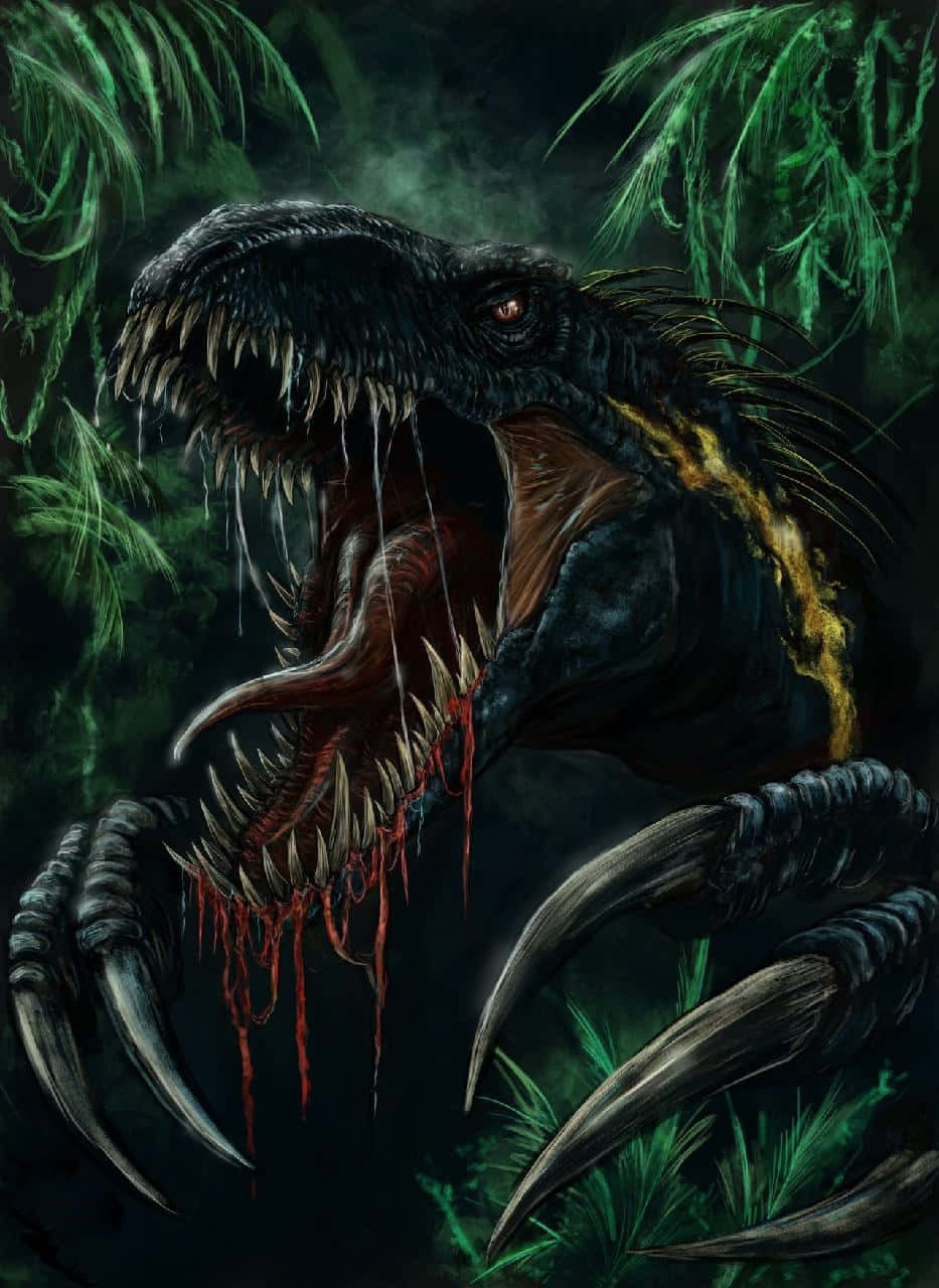 Jurassic World 桌布 壁紙 — 一隻帶有發光紅眼和從下顎滴血的兇猛黑色迅猛龍從深綠色叢林中出現。