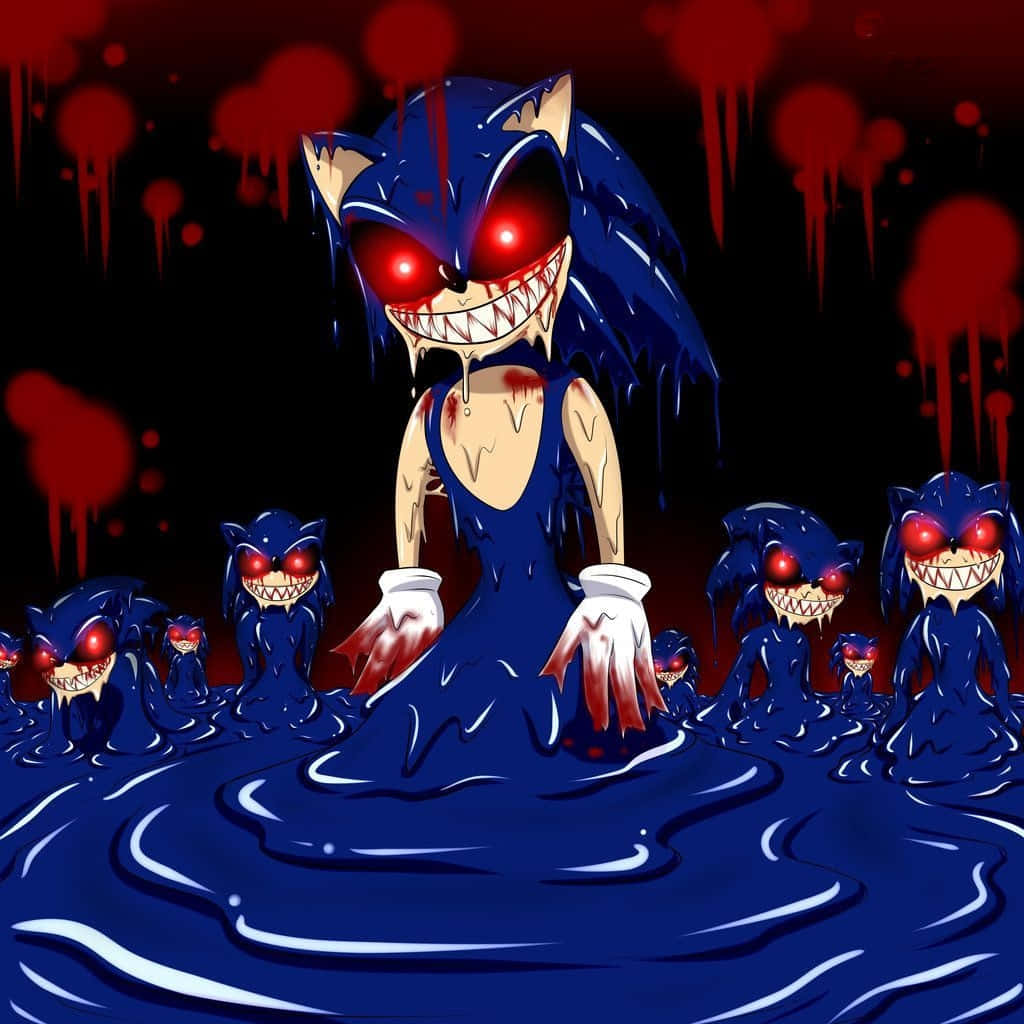 Sonic Exe 桌布 壁紙 — 一隻帶有發光紅眼和從咧嘴笑滴血的威脅性藍色刺蝟，站在一灘暗色液體中，被自身較小的版本包圍，背景為黑色帶紅色飛濺。