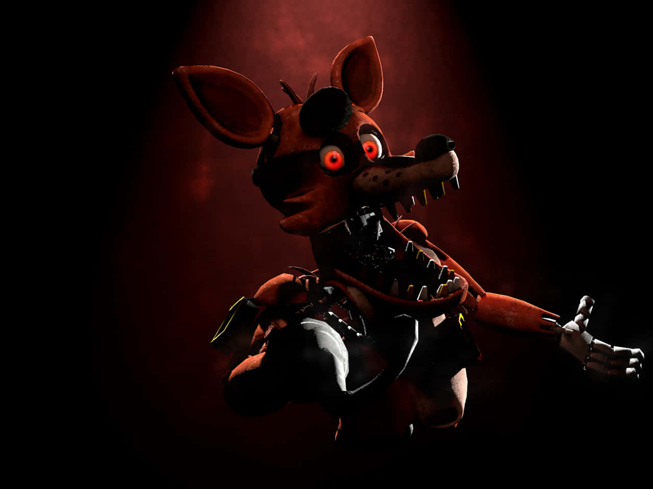 Foxy 桌布 壁紙 — 一隻帶有發光紅眼和暴露機械部件的威脅性電子動畫狐狸，站在深紅色聚光燈下。