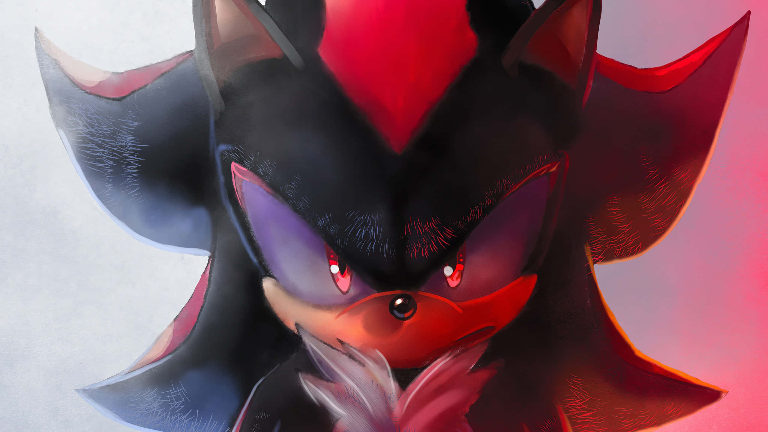 Sonic Art 桌布 壁紙 — 一隻帶有發光紅眼和深紅色的威脅性深色刺蝟，在漸變背景前強烈凝視。