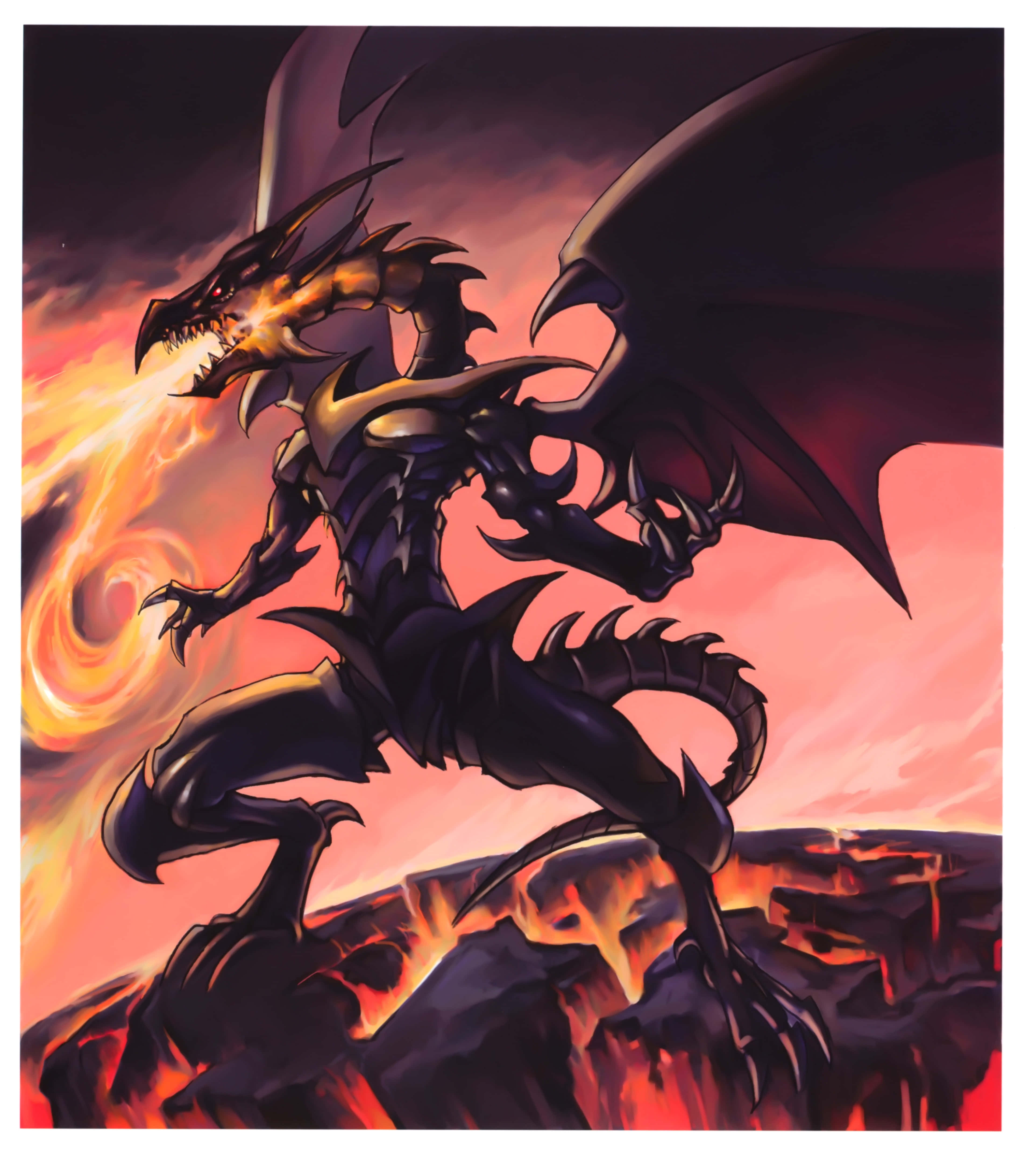 Yugioh Dragons 桌布 壁紙 — 一隻帶有發光紅眼和火焰呼吸的威脅性黑龍，站在充滿熔岩的懸崖上，背景是熾熱的日落天空。
