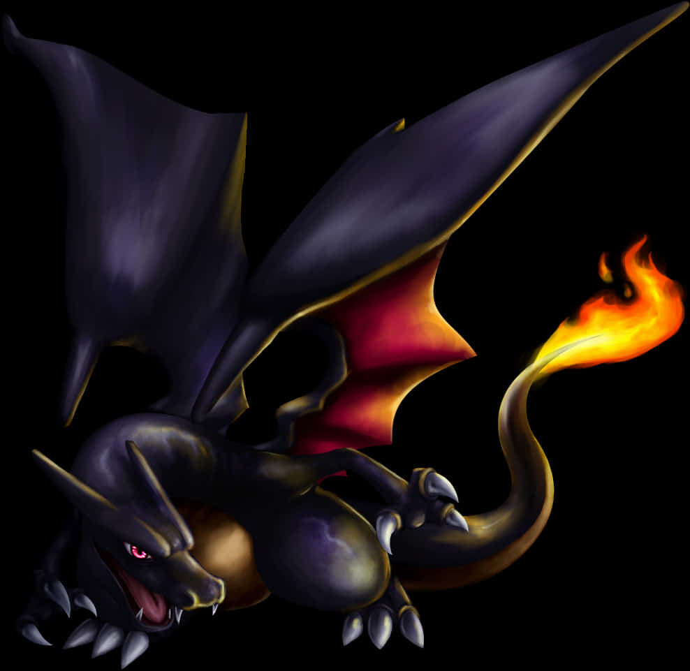 Pokemon Aesthetic 桌布 壁紙 — 一隻帶有發光紅眼和火焰尾巴的威嚇性黑龍，在純黑背景上翱翔。