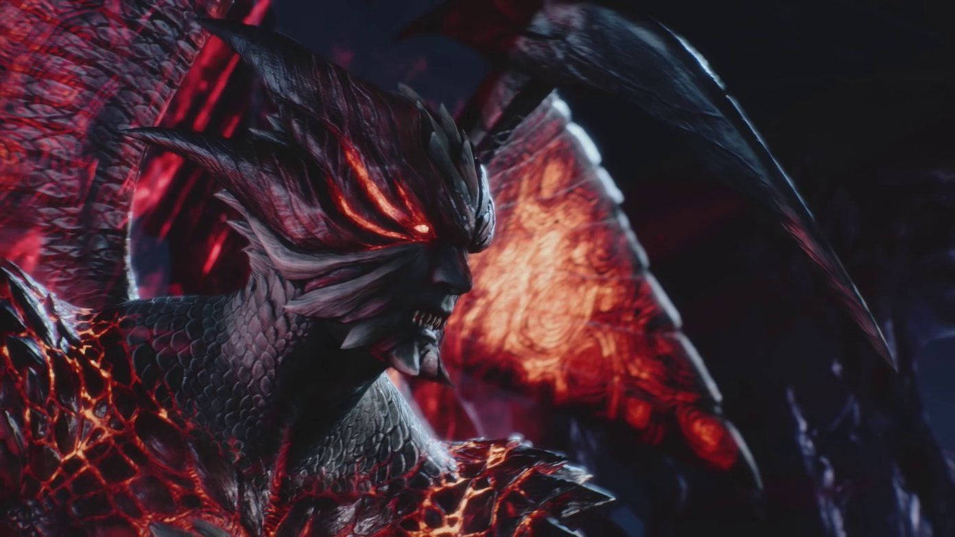Devil May Cry 5 桌布 壁紙 — 一隻帶有發光紅眼和火焰翅膀的威脅性惡魔龍在黑暗背景中咆哮。