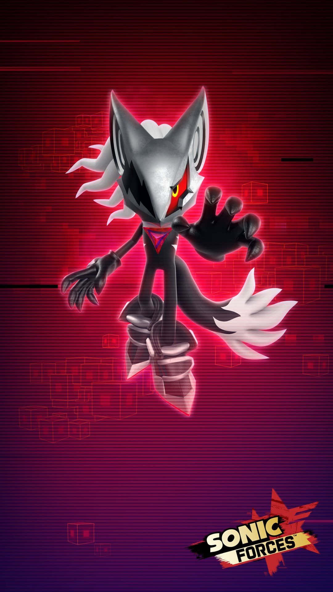 Sonic Forces Speed Battle 桌布 壁紙 — 一隻帶有發光紅眼和白色條紋的威脅性銀黑刺蝟，在帶有故障效果的紅紫數位背景上跳躍。