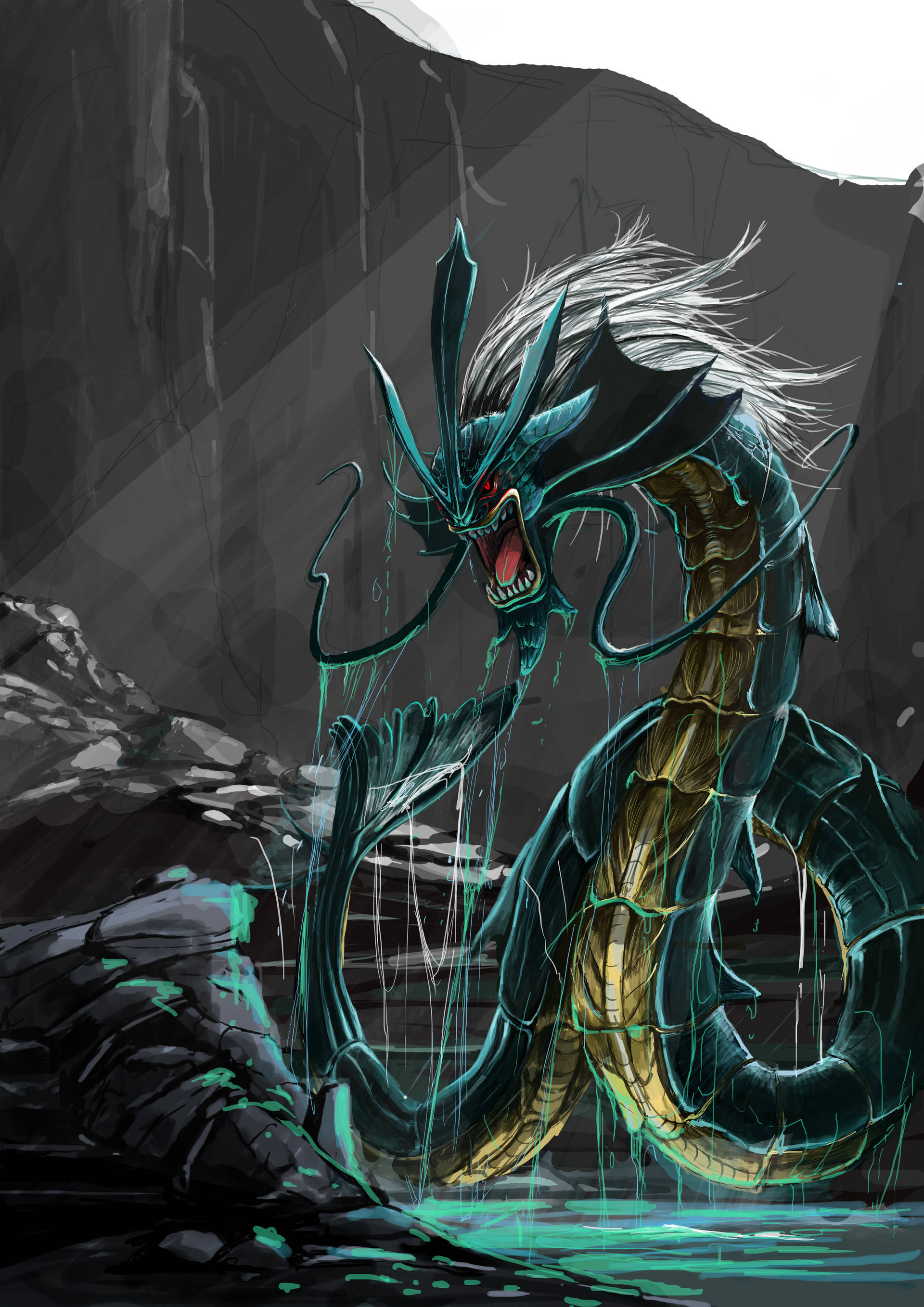 Gyarados 桌布 壁紙 — 一隻帶有發光紅眼和白色鬃毛的威脅性青綠色龍從黑暗的水中浮現，背景是岩石峭壁。