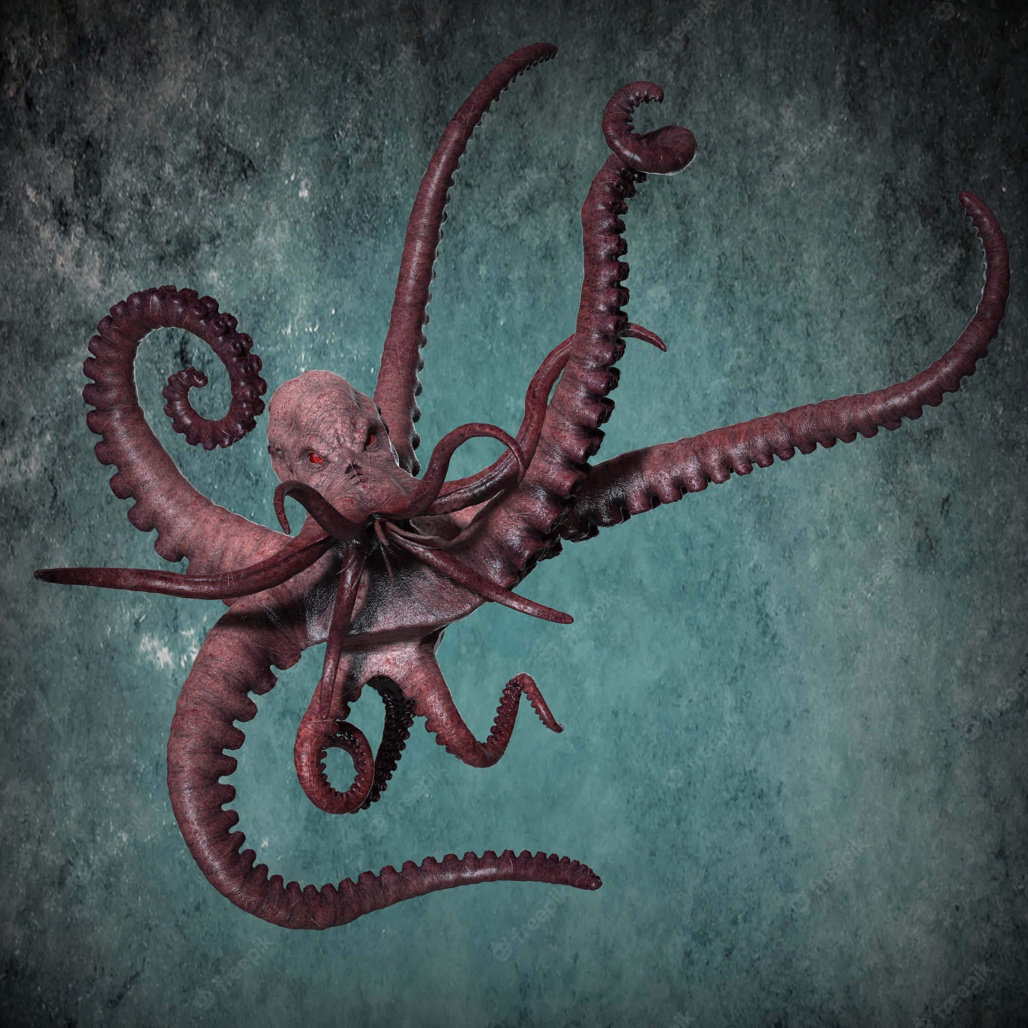 Giant Squid 桌布 壁紙 — 一隻帶有發光紅眼和紋理觸手的兇猛深紅色章魚，在渾濁的藍綠色背景上蔓延。