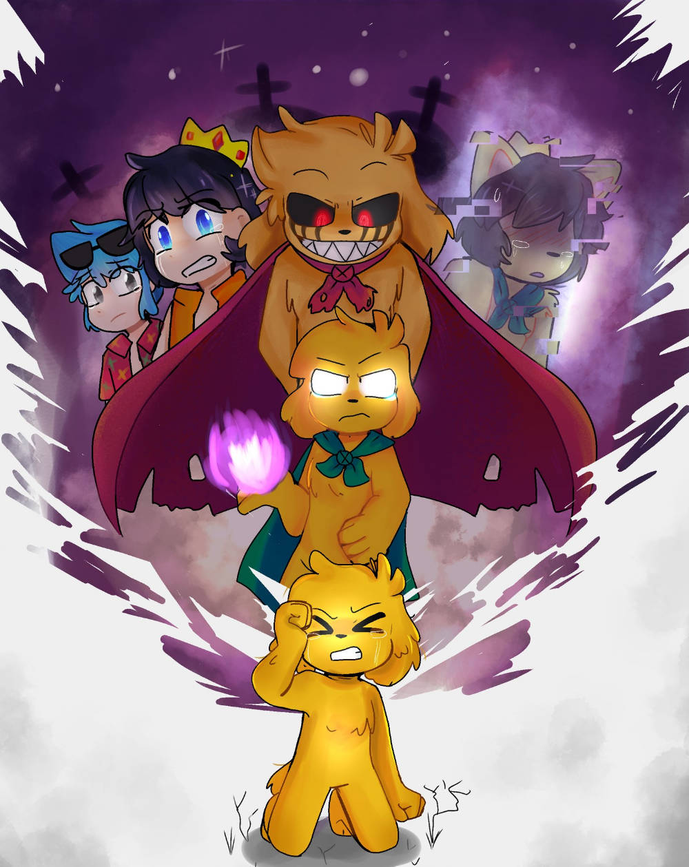 game 桌布 壁紙 — 一隻帶有發光紅眼和紫色斗篷的威脅性黃貓，在深紫色星空下俯視一群驚慌的動漫角色。
