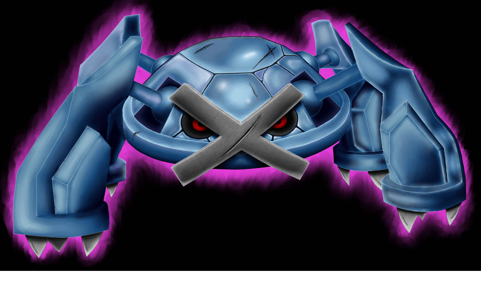 Metagross 桌布 壁紙 — 一隻帶有發光紅眼和紫色能量光環的威脅性藍色蟹狀寶可夢，被灰色X劃掉。