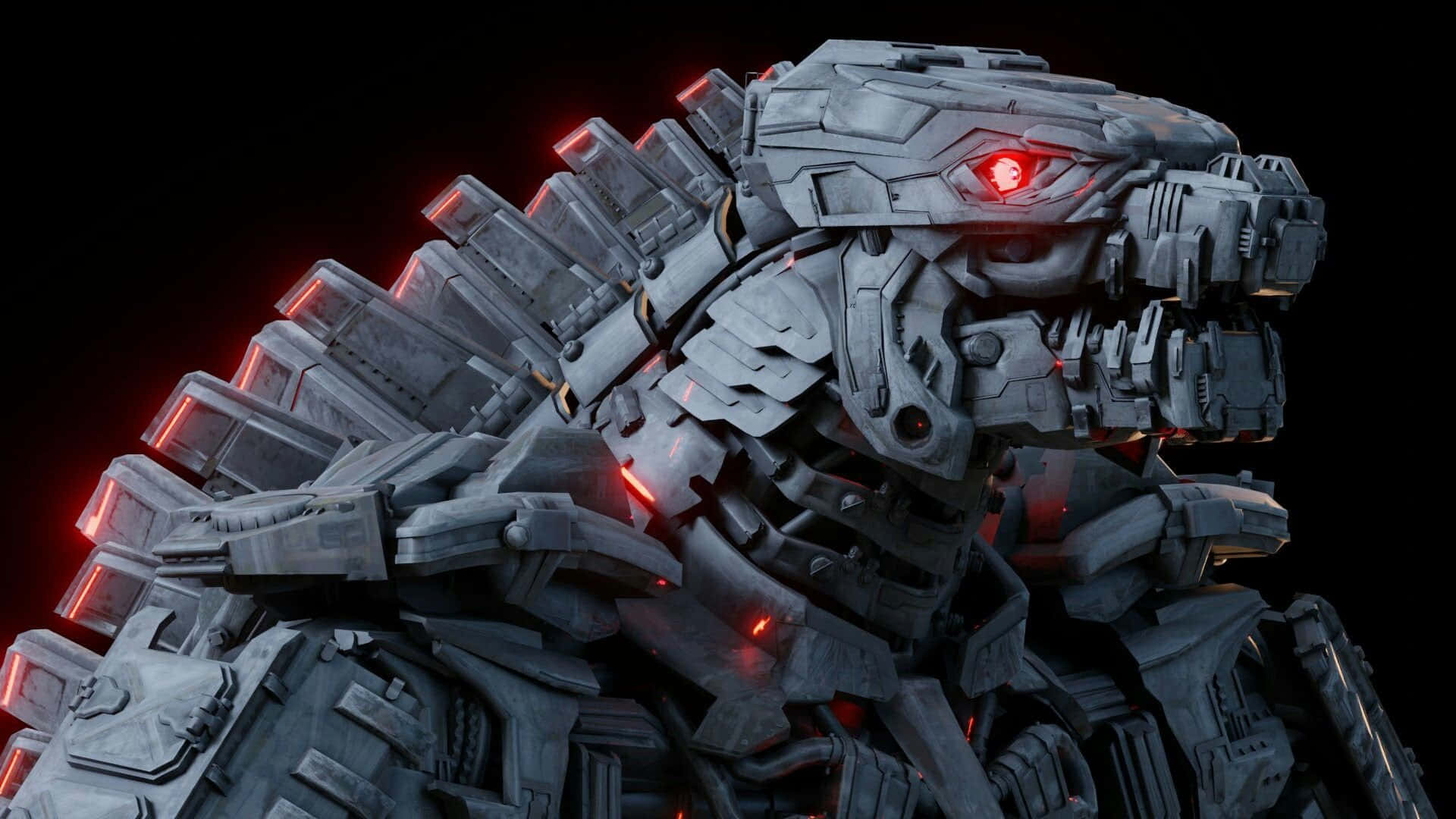 mechagodzilla 桌布 壁紙 — 一隻帶有發光紅眼和脊椎燈的威脅性機械哥吉拉，矗立在黑色虛空中。