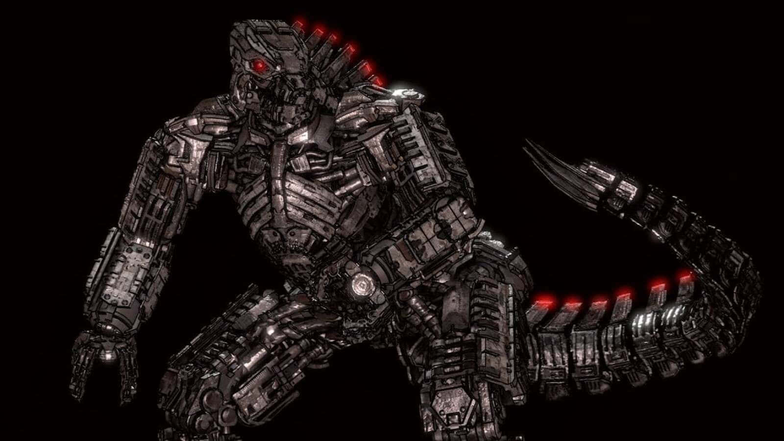 Robot Godzilla 桌布 壁紙 — 一隻帶有發光紅眼和脊椎燈的威脅性生化機械哥吉拉，矗立在黑色虛空中。