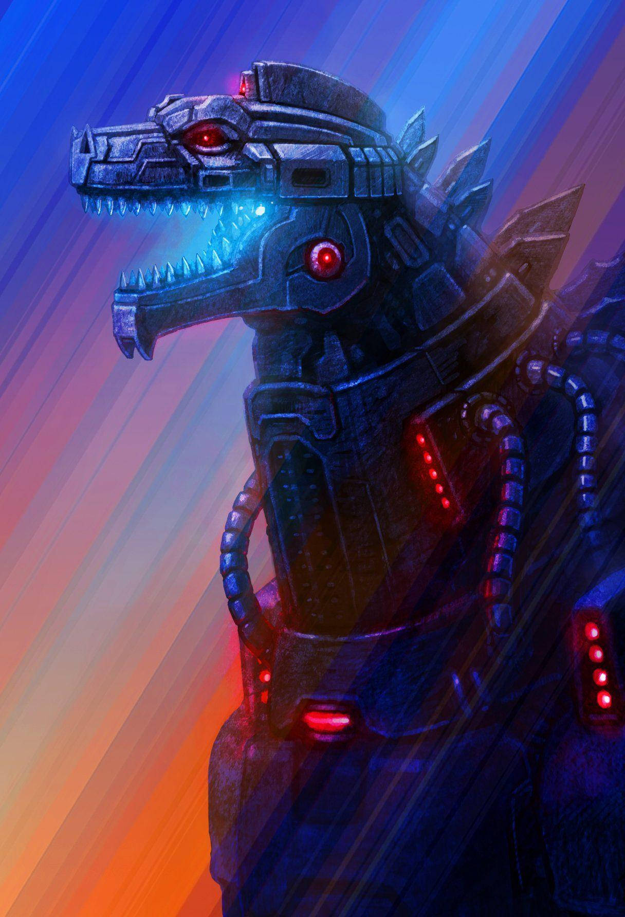 mechagodzilla 桌布 壁紙 — 一隻帶有發光紅眼和藍色能量牙齒的威脅性機械哥吉拉，站在充滿活力的漸變背景前。