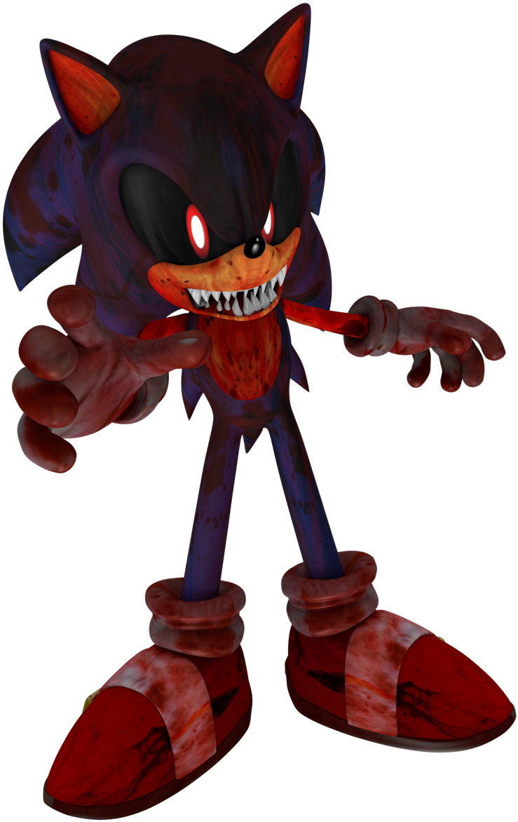 Sonic Exe 桌布 壁紙 — 一隻帶有發光紅眼和血淋淋牙齒的威脅性深藍色刺蝟站在黑色背景前。