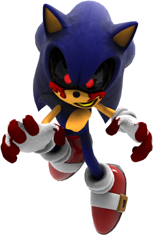 Sonic Exe 桌布 壁紙 — 一隻帶有發光紅眼和血跡斑斑手套的威脅性藍色刺蝟，在黑色背景前向前猛撲。