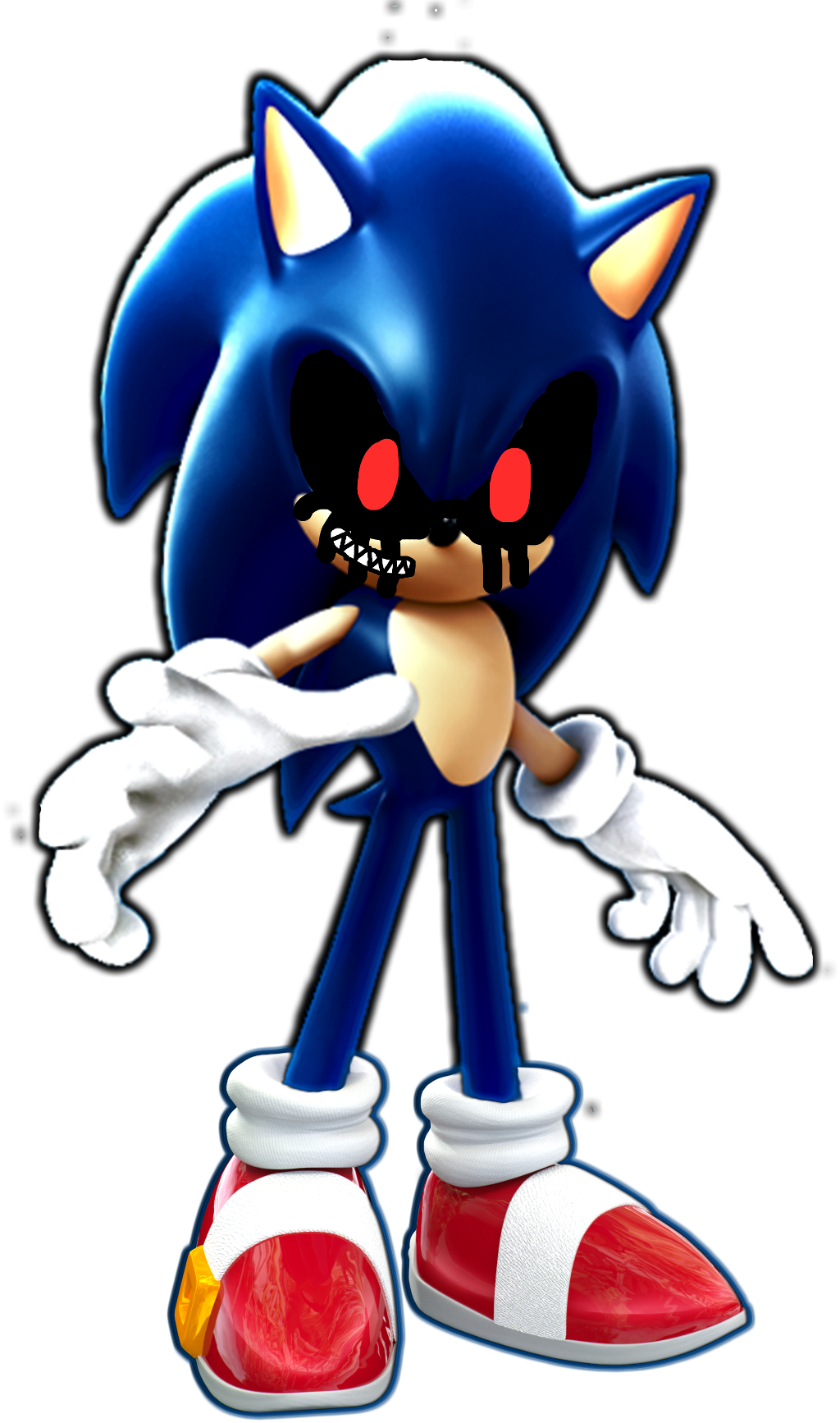 Sonic Exe 桌布 壁紙 — 一隻帶有發光紅眼和邪惡笑容的威脅性藍色刺蝟，站在黑色背景前。