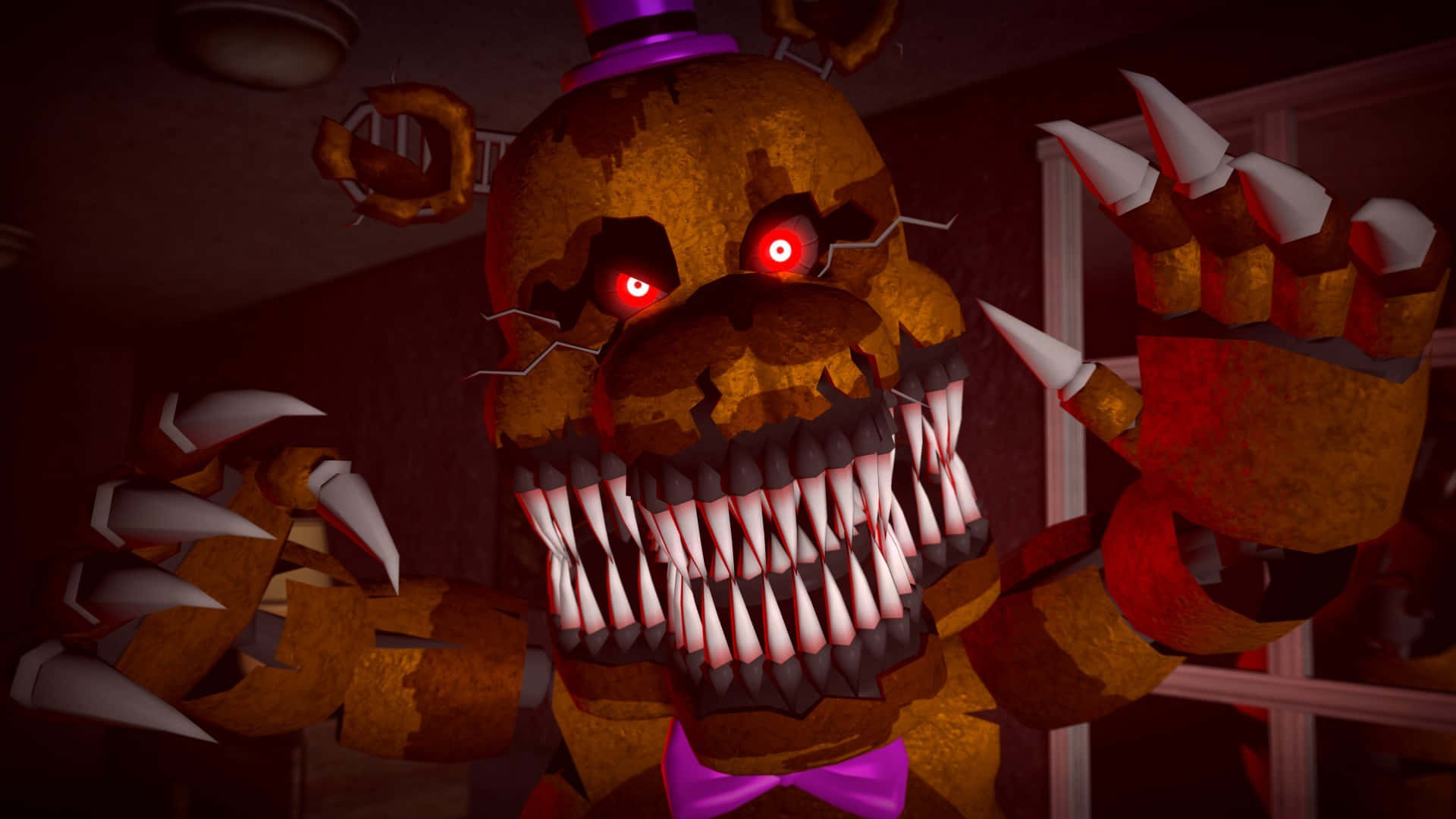 Fnaf Jumpscare 桌布 壁紙 — 一隻帶有發光紅眼和鋒利爪子的威脅性電子熊在昏暗的房間中向前猛撲。