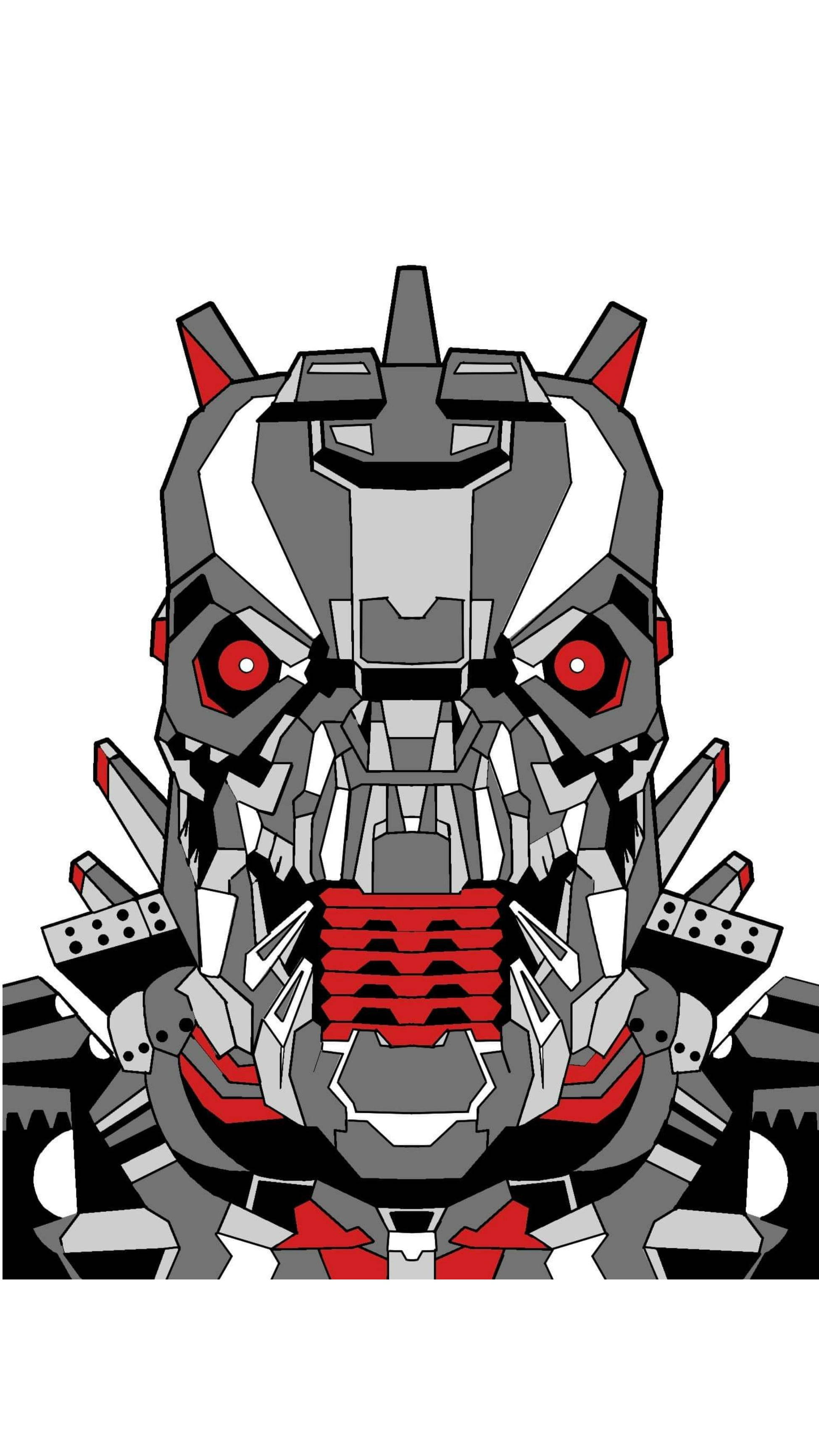 mechagodzilla 桌布 壁紙 — 一隻帶有發光紅眼和鋒利金屬牙齒的威脅性機械野獸，以風格化的數位插圖呈現。
