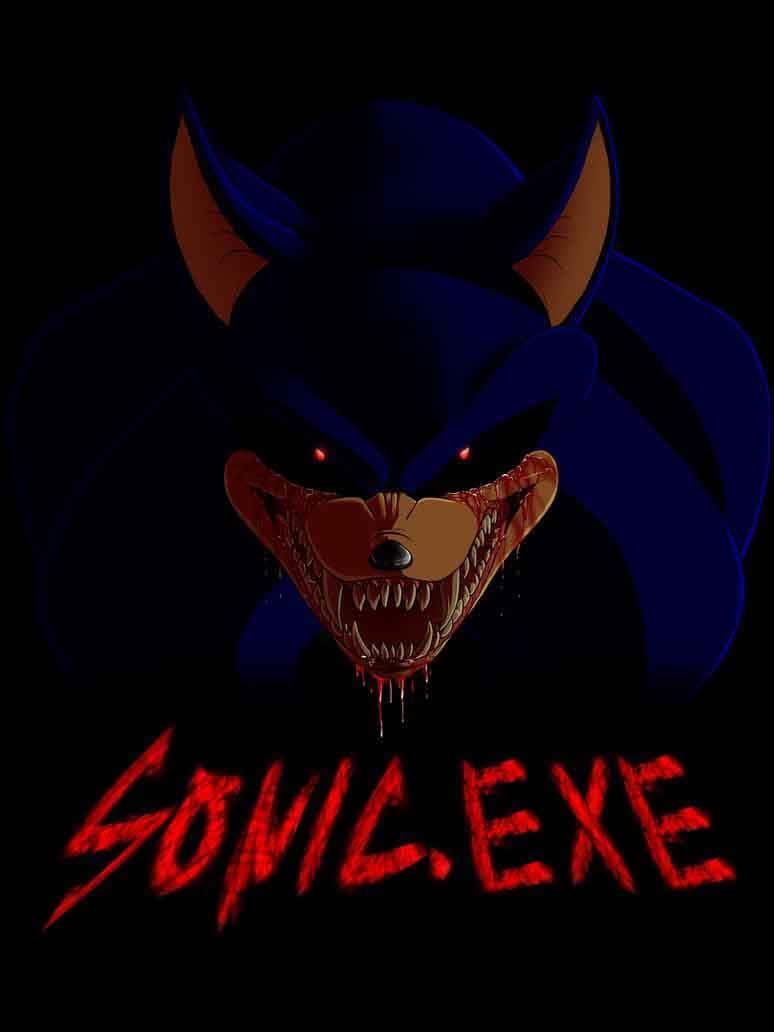 Sonic Exe 桌布 壁紙 — 一隻帶有發光紅眼和鋸齒狀牙齒滴血的威脅性藍色刺蝟，背景為黑色並帶有紅色文字。
