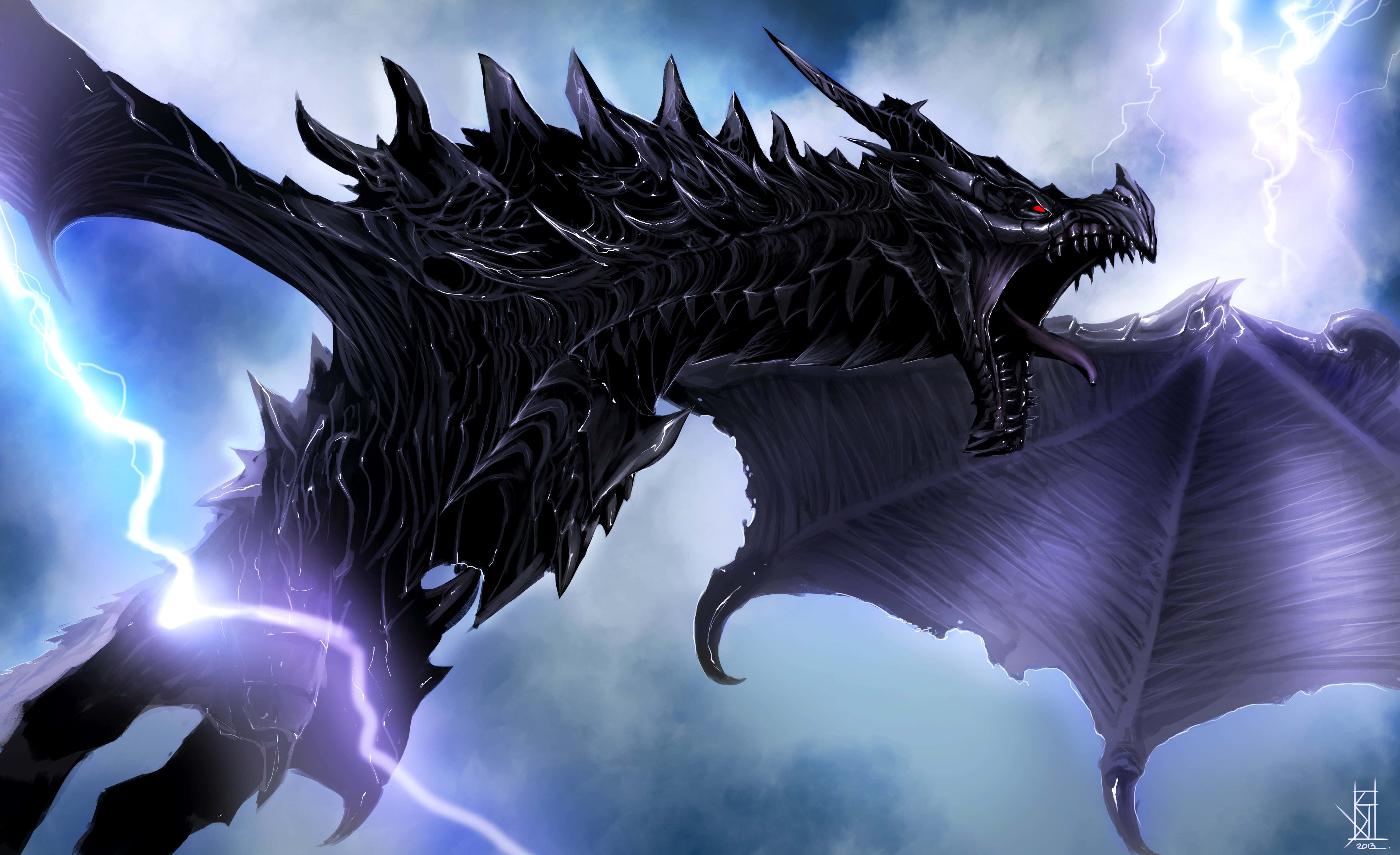 Skyrim Alduin 桌布 壁紙 — 一隻帶有發光紅眼和鋸齒狀鱗片的威脅性黑龍，在充滿電閃雷鳴的暴風雨中翱翔。