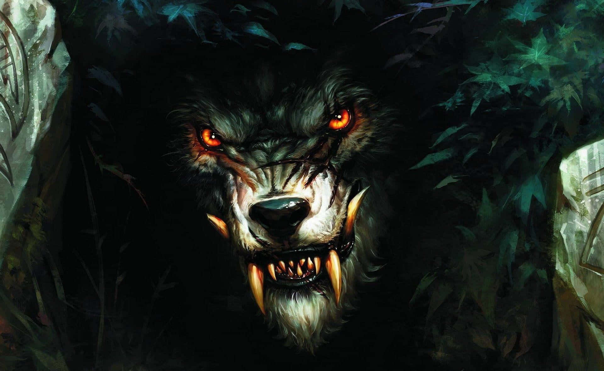 3d Wolf 桌布 壁紙 — 一隻帶有發光紅眼和露出尖牙的可怕狼人從陰暗森林的黑暗樹葉中出現。